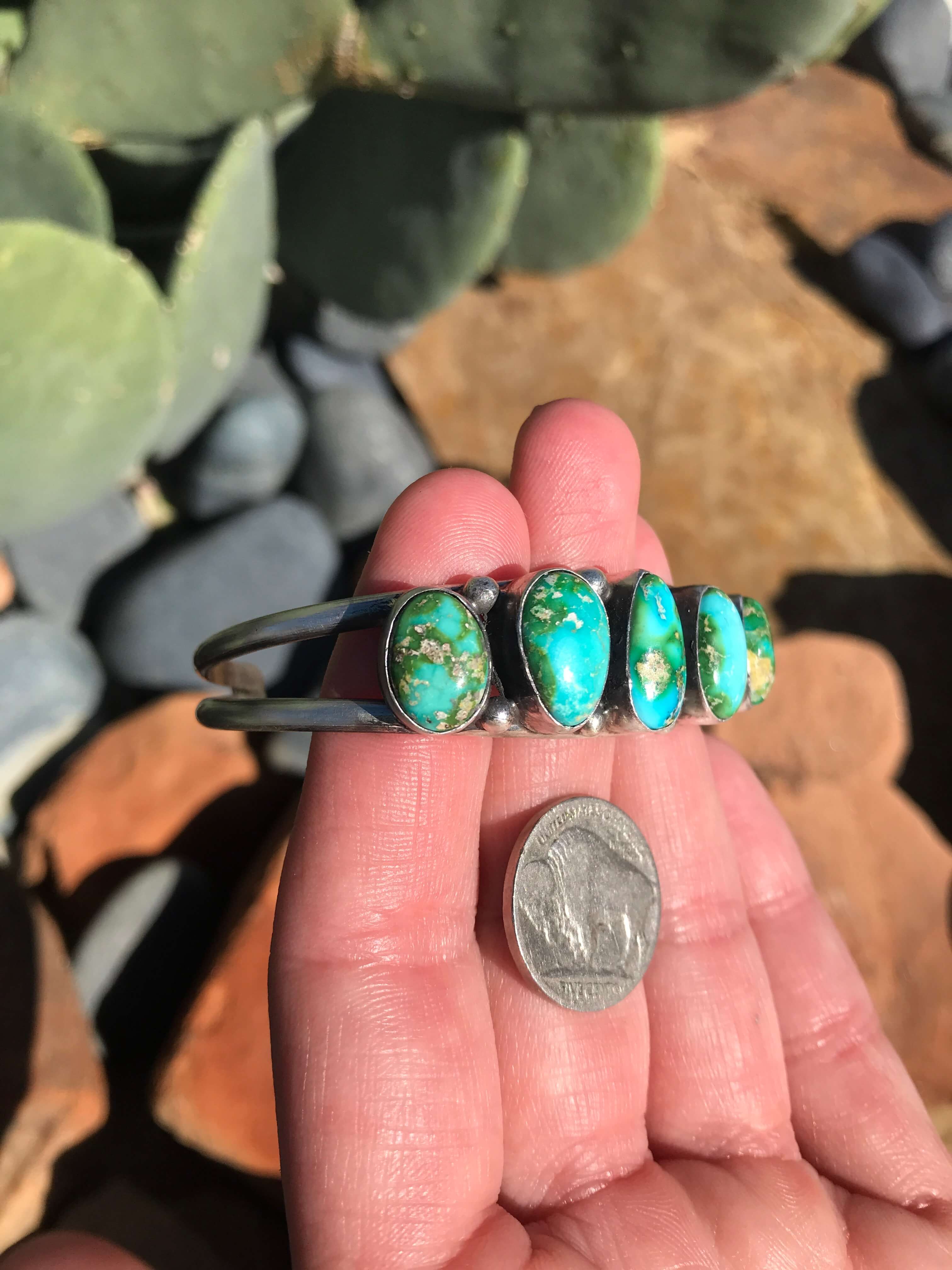 The 5 Stone Turquoise Cuff, 7-Bracelets & Cuffs-Calli Co., Turquoise and Silver Jewelry, Native American Handmade, Zuni Tribe, Navajo Tribe, Brock Texas