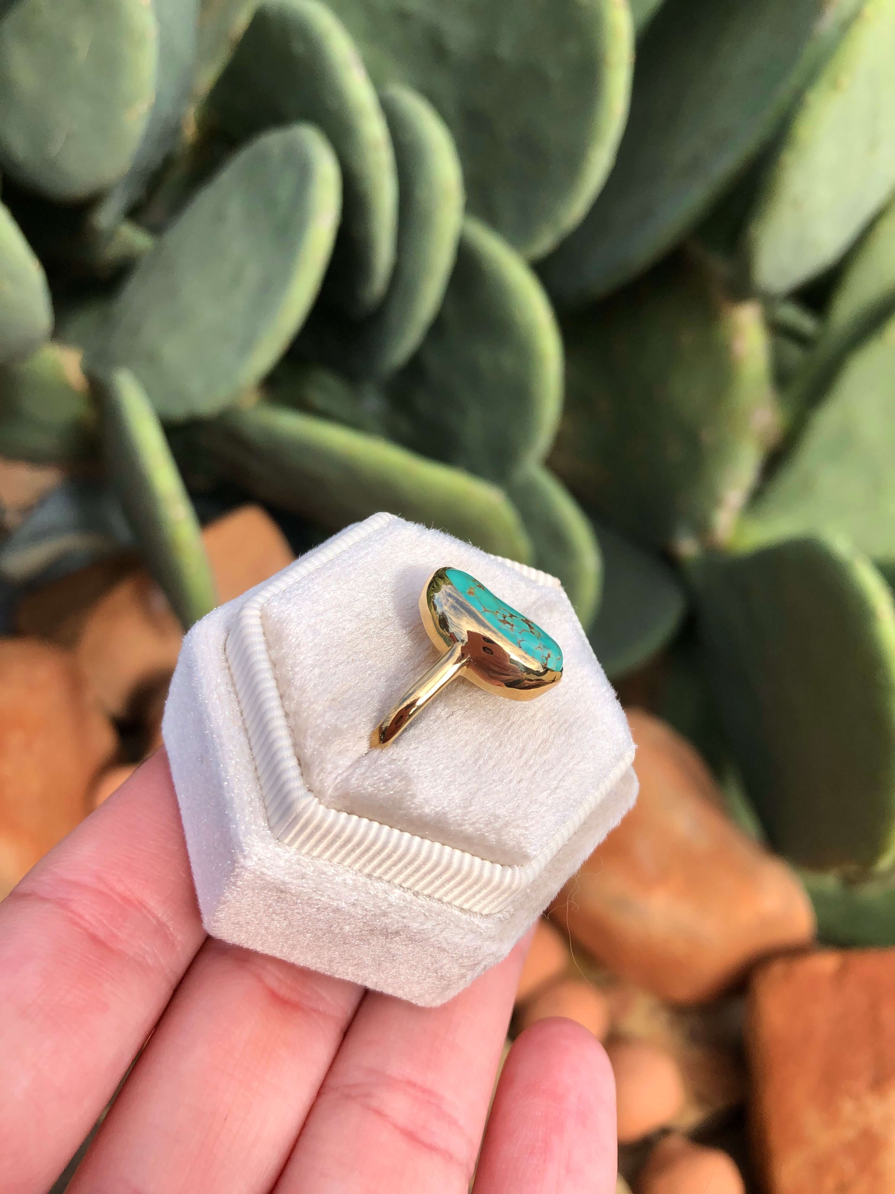 The London 14k and Turquoise Ring 18, Sz 7.5-Rings-Calli Co., Turquoise and Silver Jewelry, Native American Handmade, Zuni Tribe, Navajo Tribe, Brock Texas
