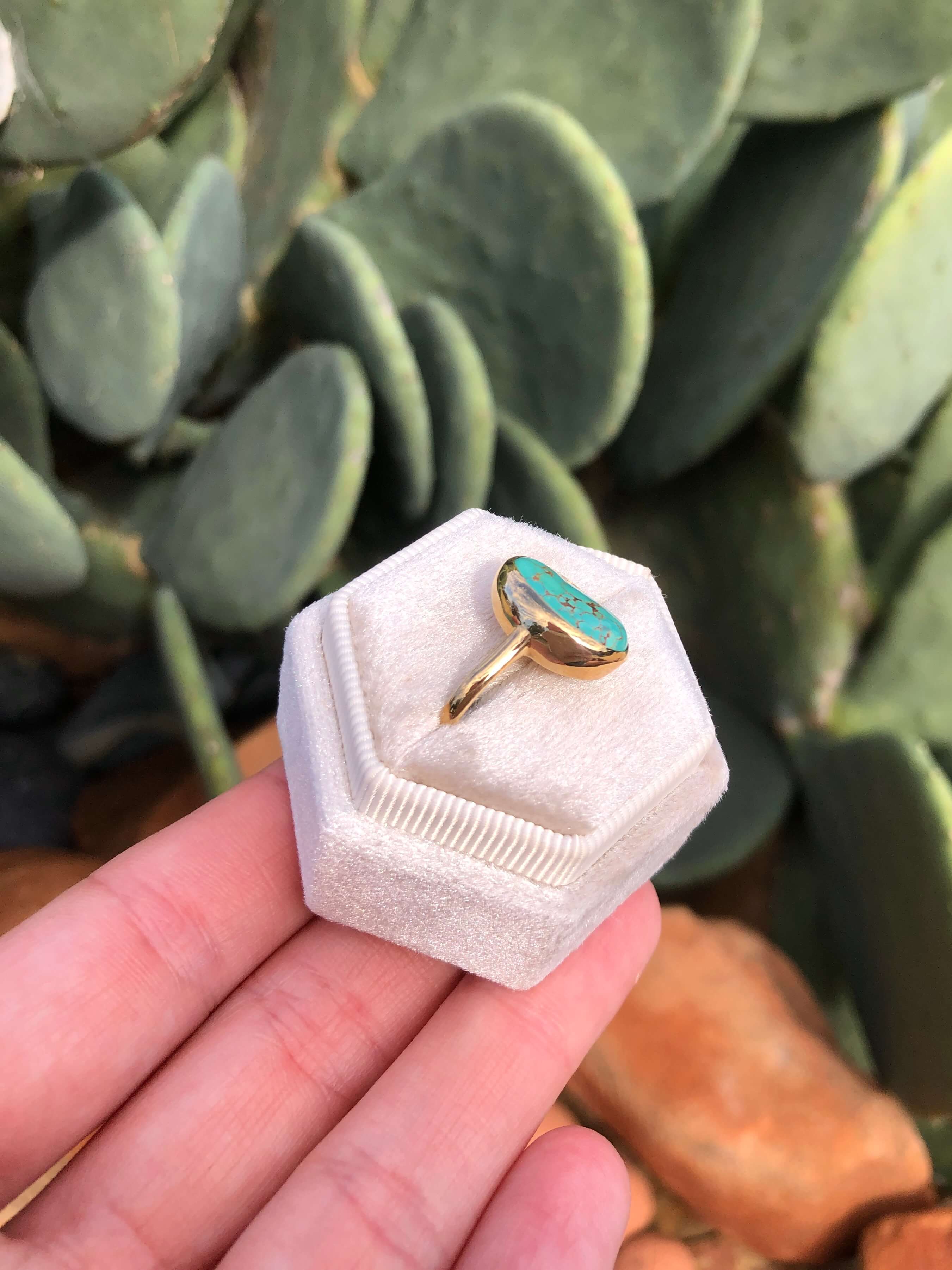 The London 14k and Turquoise Ring 18, Sz 7.5-Rings-Calli Co., Turquoise and Silver Jewelry, Native American Handmade, Zuni Tribe, Navajo Tribe, Brock Texas