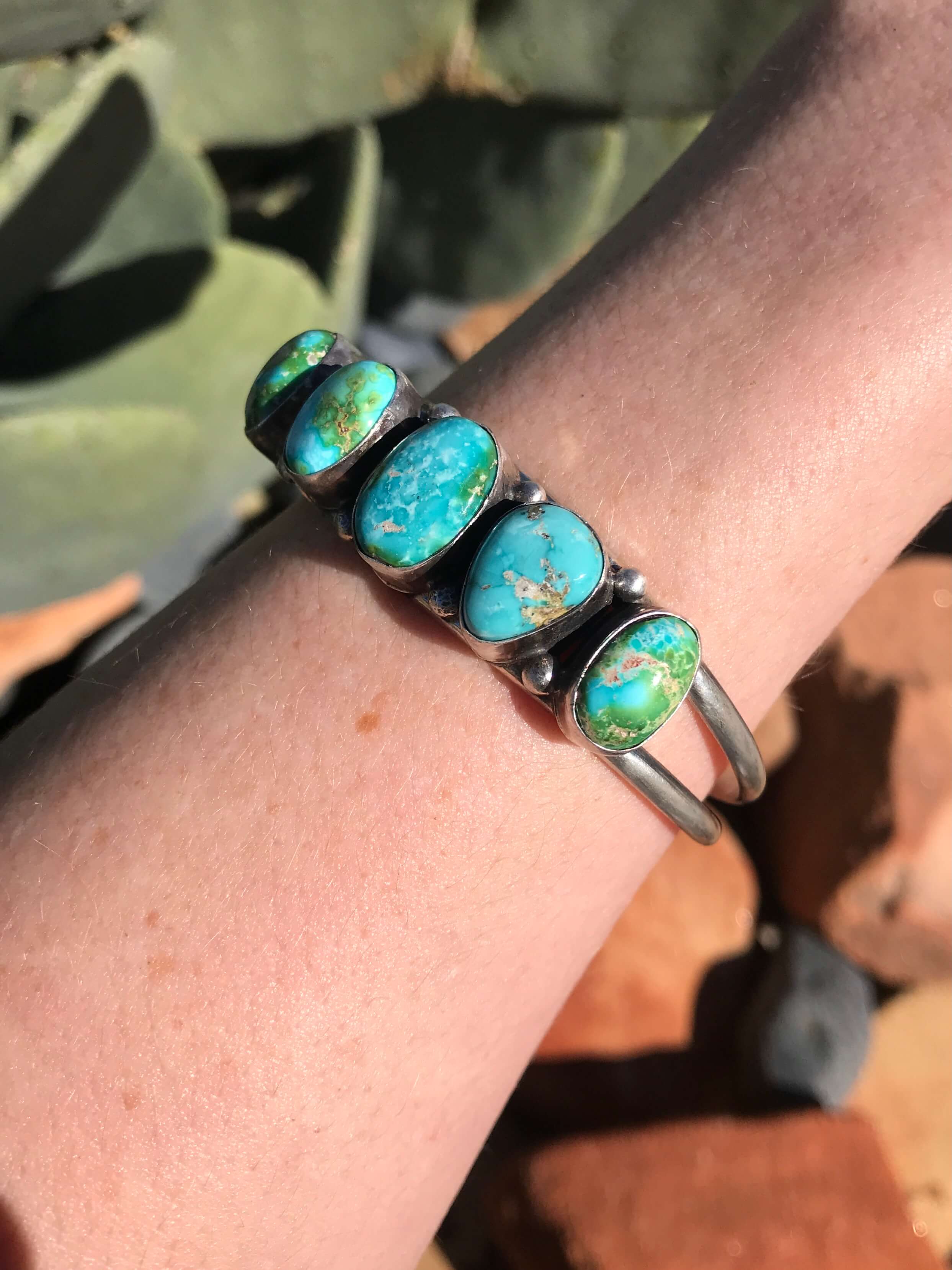 The 5 Stone Turquoise Cuff, 8-Bracelets & Cuffs-Calli Co., Turquoise and Silver Jewelry, Native American Handmade, Zuni Tribe, Navajo Tribe, Brock Texas