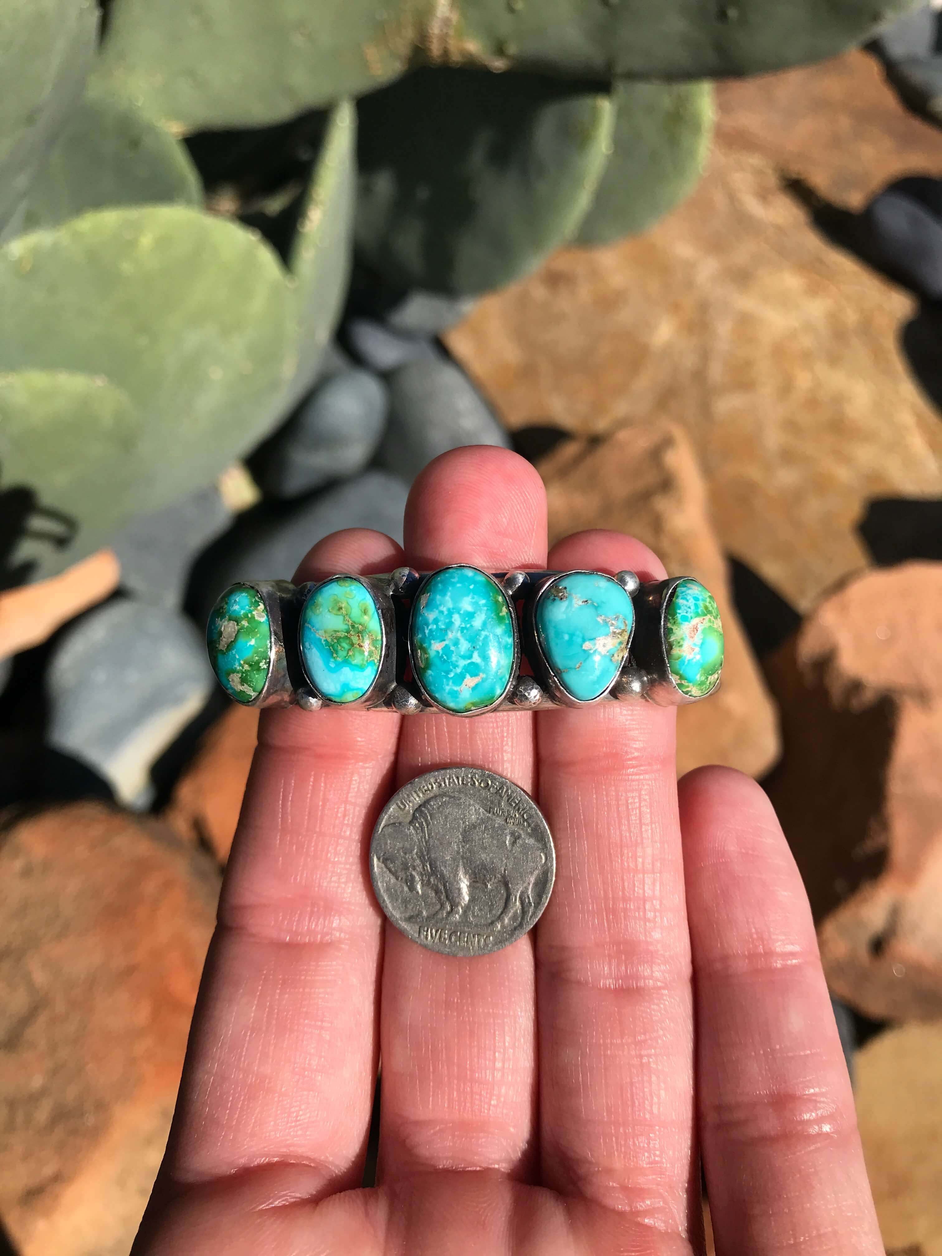 The 5 Stone Turquoise Cuff, 8-Bracelets & Cuffs-Calli Co., Turquoise and Silver Jewelry, Native American Handmade, Zuni Tribe, Navajo Tribe, Brock Texas