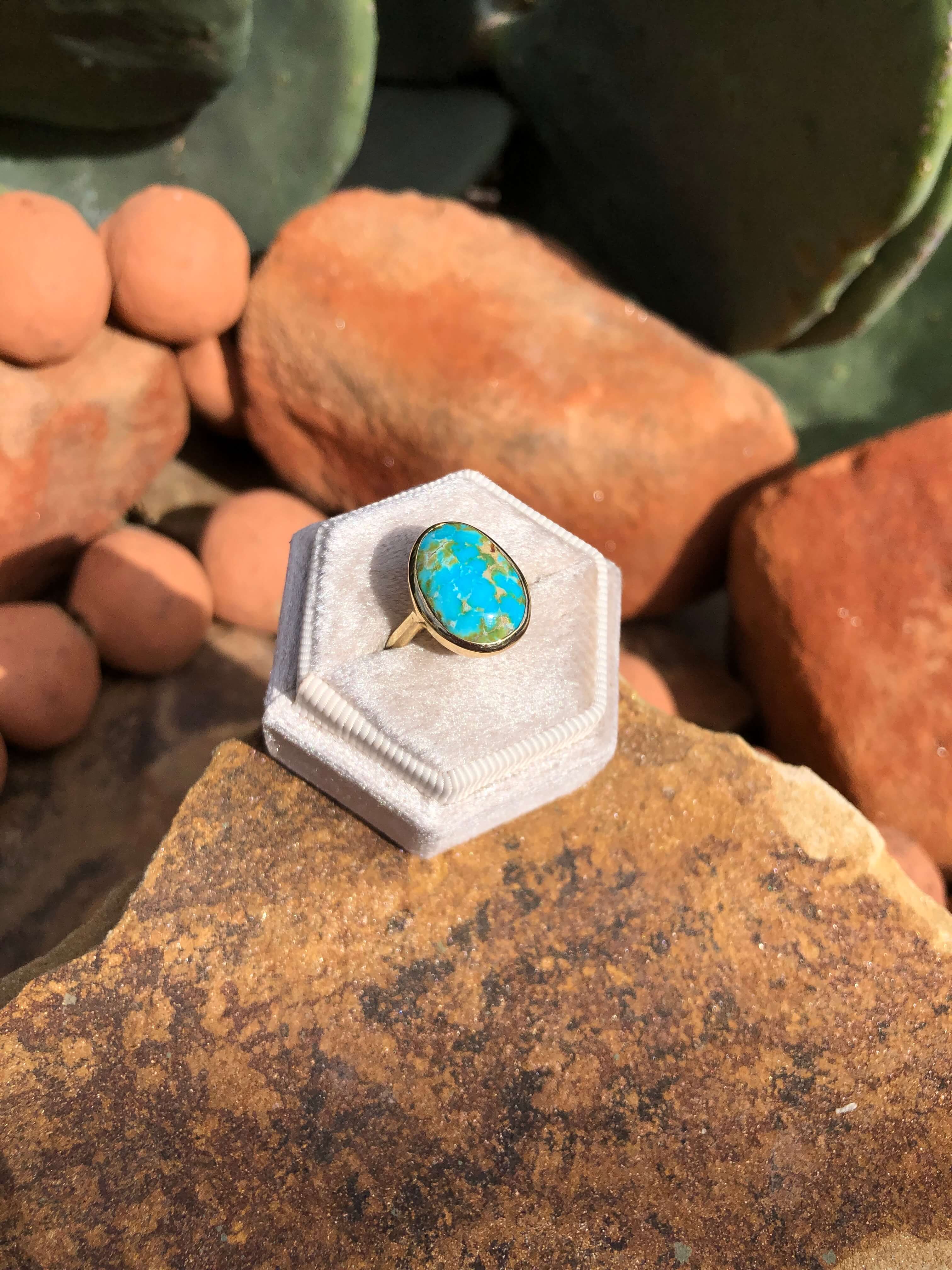 The London 14k and Turquoise Ring 20, Sz 7.25-Rings-Calli Co., Turquoise and Silver Jewelry, Native American Handmade, Zuni Tribe, Navajo Tribe, Brock Texas