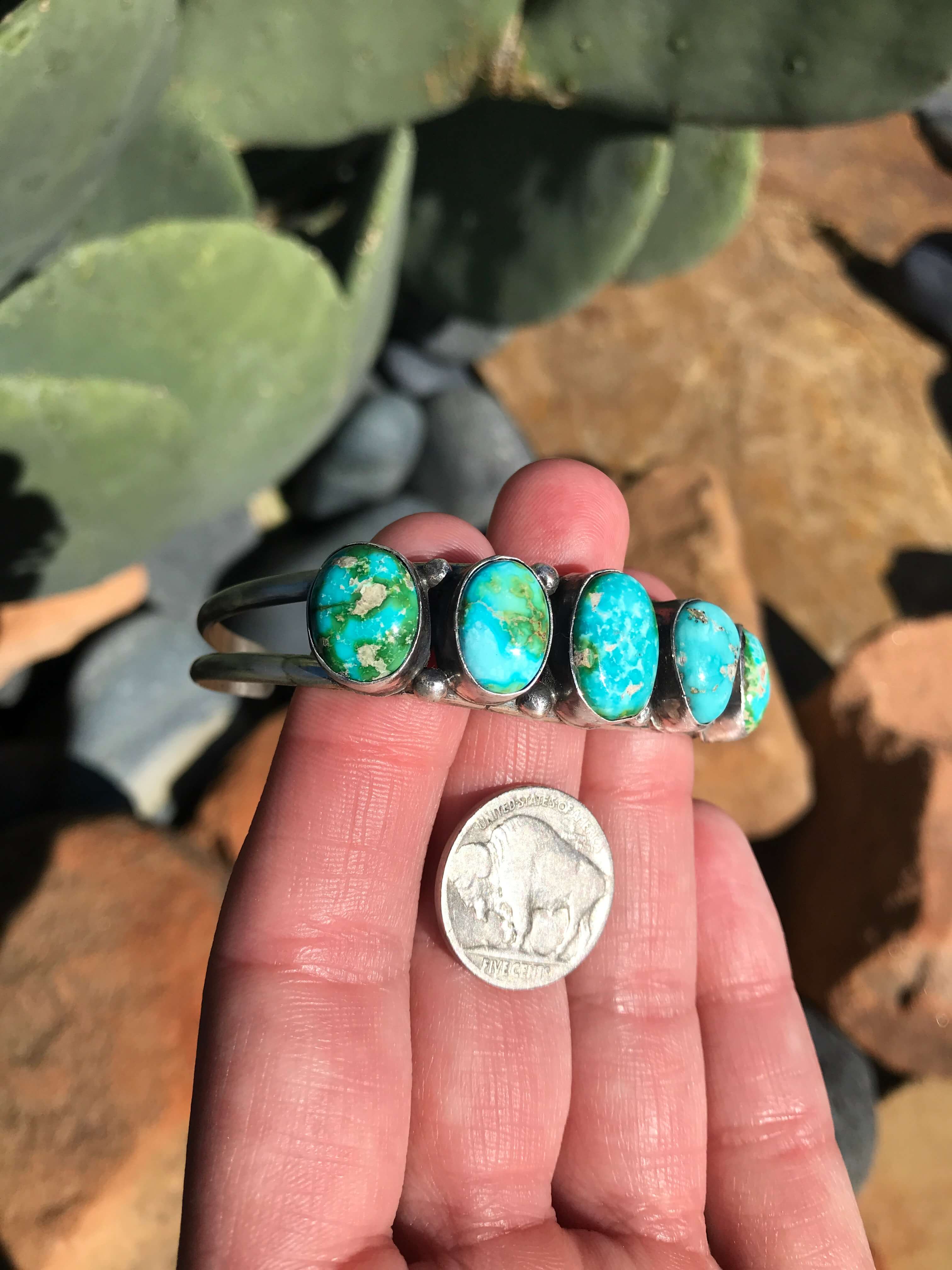 The 5 Stone Turquoise Cuff, 8-Bracelets & Cuffs-Calli Co., Turquoise and Silver Jewelry, Native American Handmade, Zuni Tribe, Navajo Tribe, Brock Texas