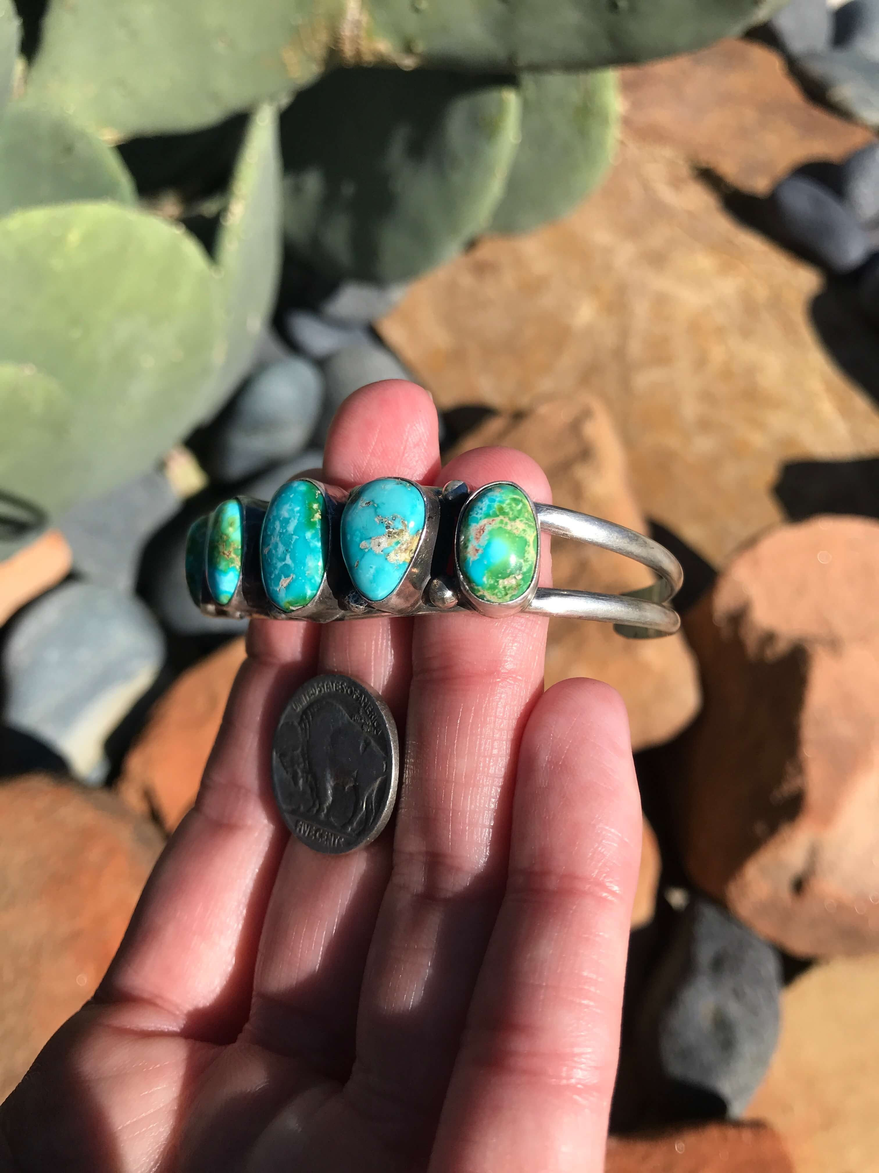 The 5 Stone Turquoise Cuff, 8-Bracelets & Cuffs-Calli Co., Turquoise and Silver Jewelry, Native American Handmade, Zuni Tribe, Navajo Tribe, Brock Texas