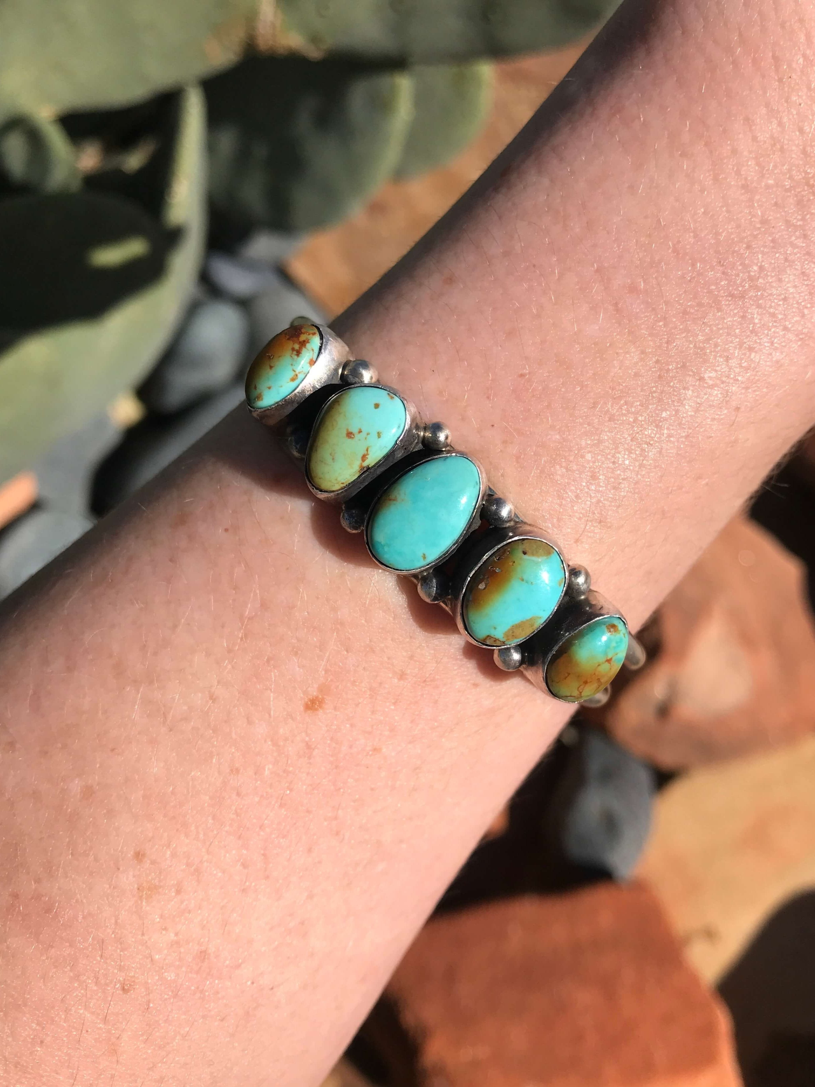 The 5 Stone Turquoise Cuff, 9-Bracelets & Cuffs-Calli Co., Turquoise and Silver Jewelry, Native American Handmade, Zuni Tribe, Navajo Tribe, Brock Texas