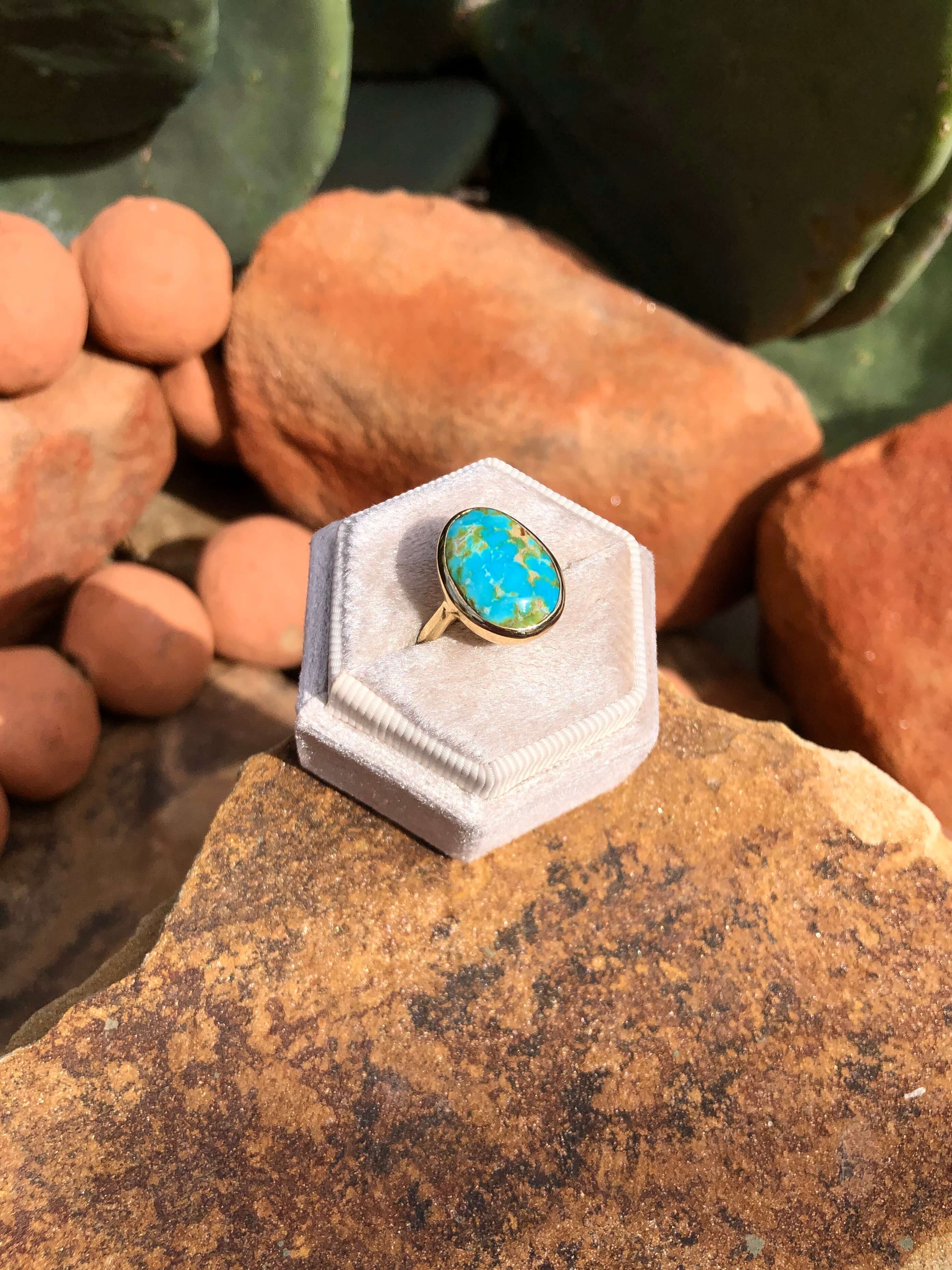The London 14k and Turquoise Ring 20, Sz 7.25-Rings-Calli Co., Turquoise and Silver Jewelry, Native American Handmade, Zuni Tribe, Navajo Tribe, Brock Texas