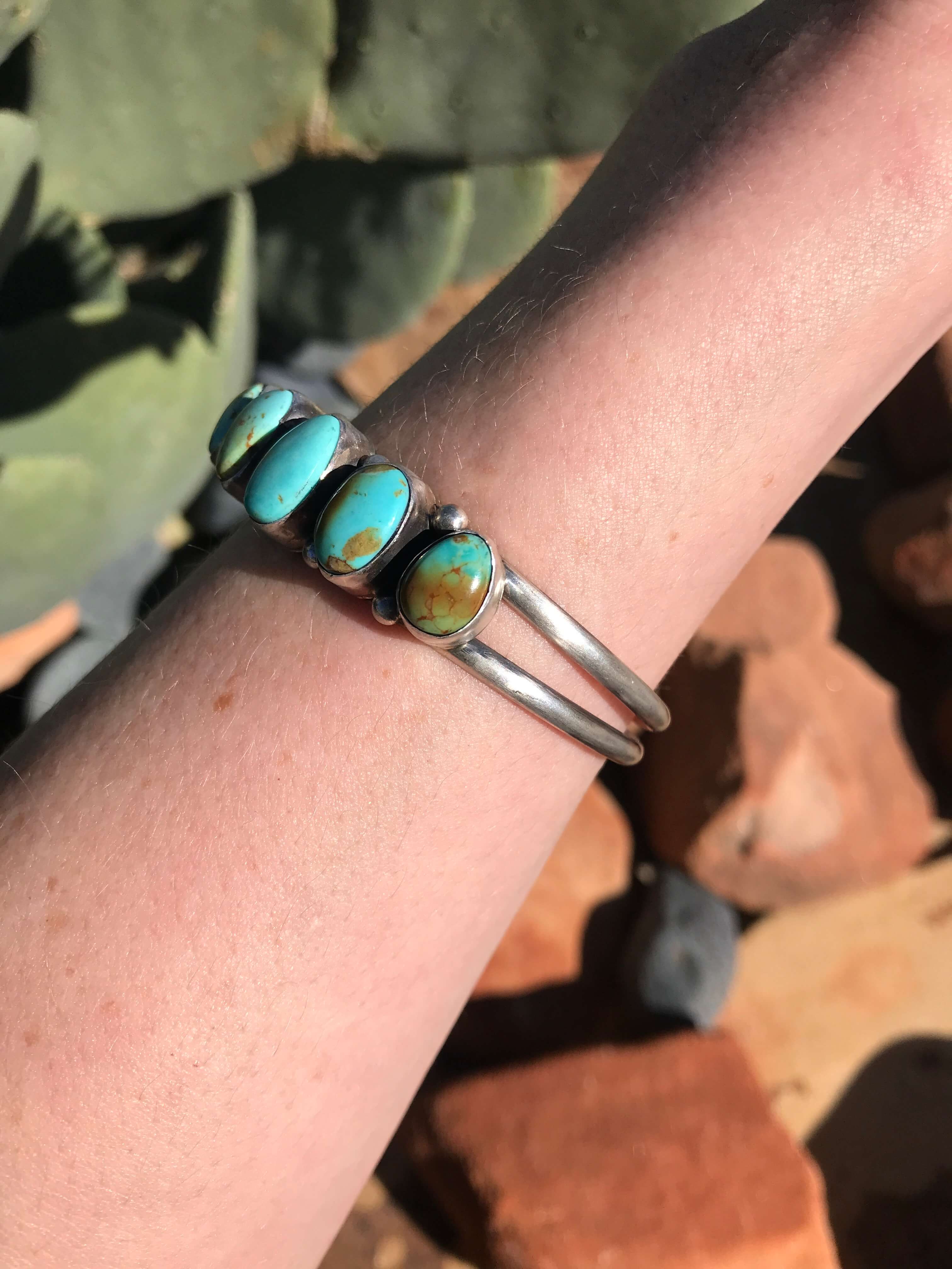 The 5 Stone Turquoise Cuff, 9-Bracelets & Cuffs-Calli Co., Turquoise and Silver Jewelry, Native American Handmade, Zuni Tribe, Navajo Tribe, Brock Texas