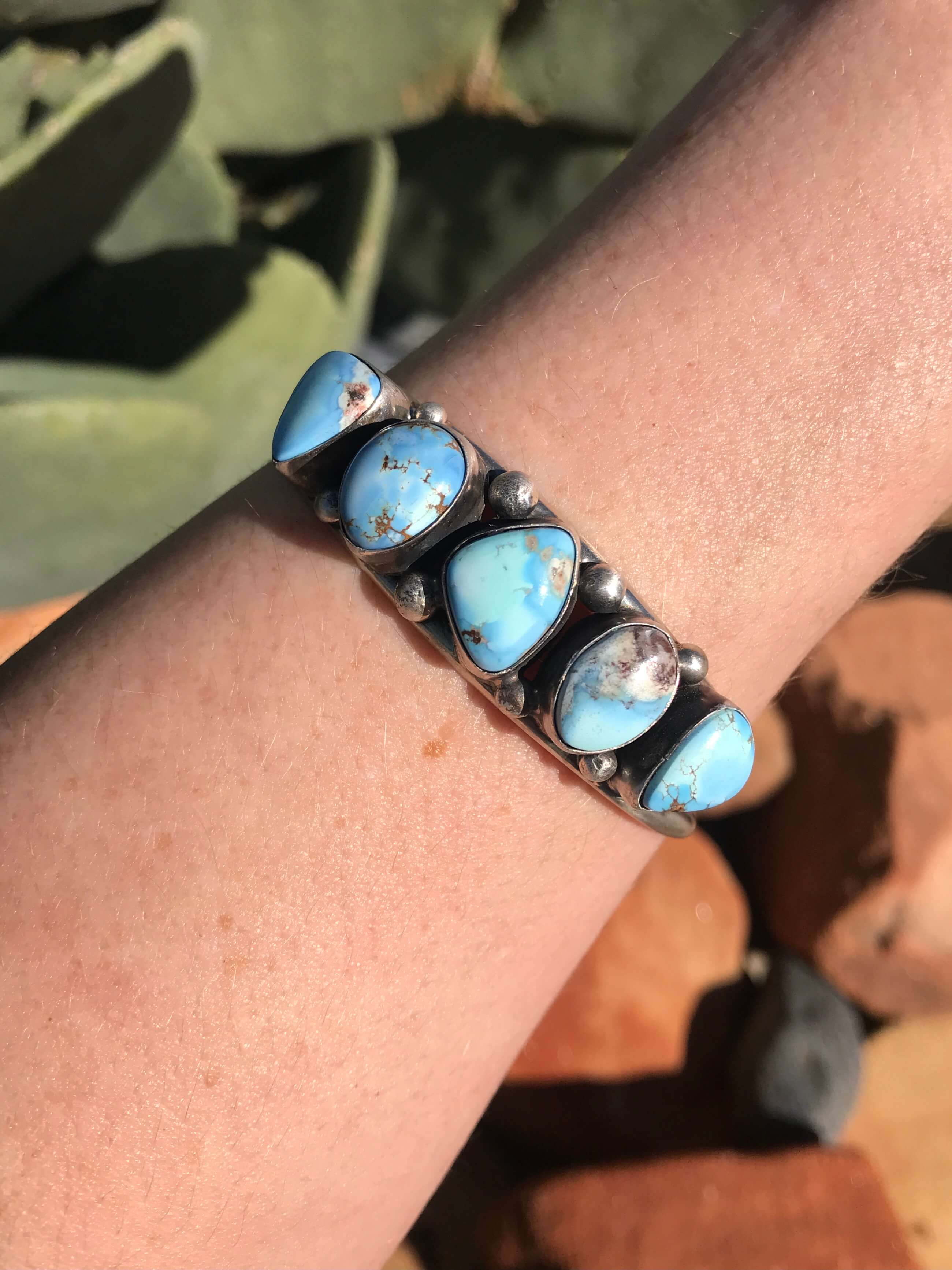 The 5 Stone Turquoise Cuff, 11-Bracelets & Cuffs-Calli Co., Turquoise and Silver Jewelry, Native American Handmade, Zuni Tribe, Navajo Tribe, Brock Texas