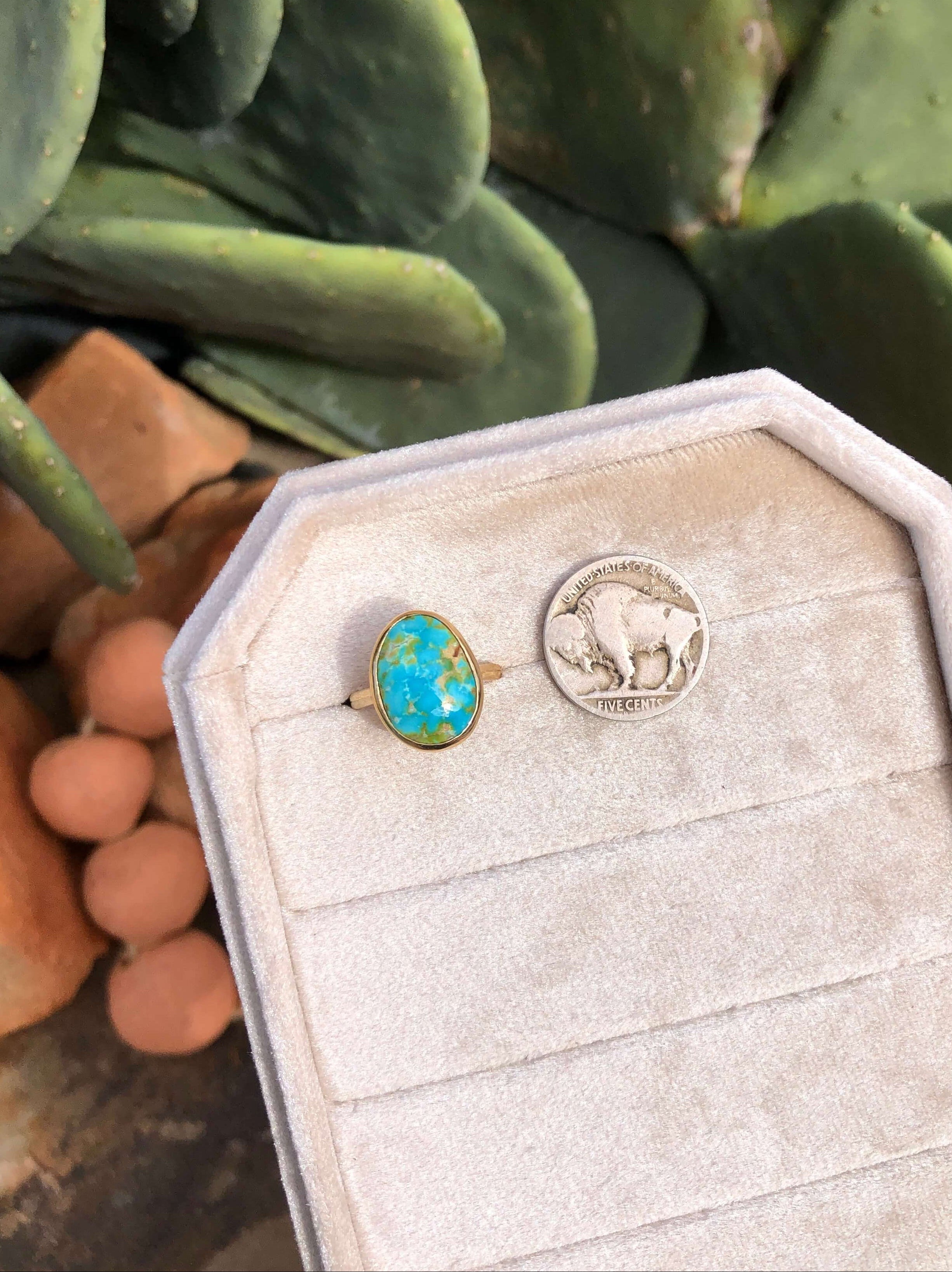 The London 14k and Turquoise Ring 20, Sz 7.25-Rings-Calli Co., Turquoise and Silver Jewelry, Native American Handmade, Zuni Tribe, Navajo Tribe, Brock Texas