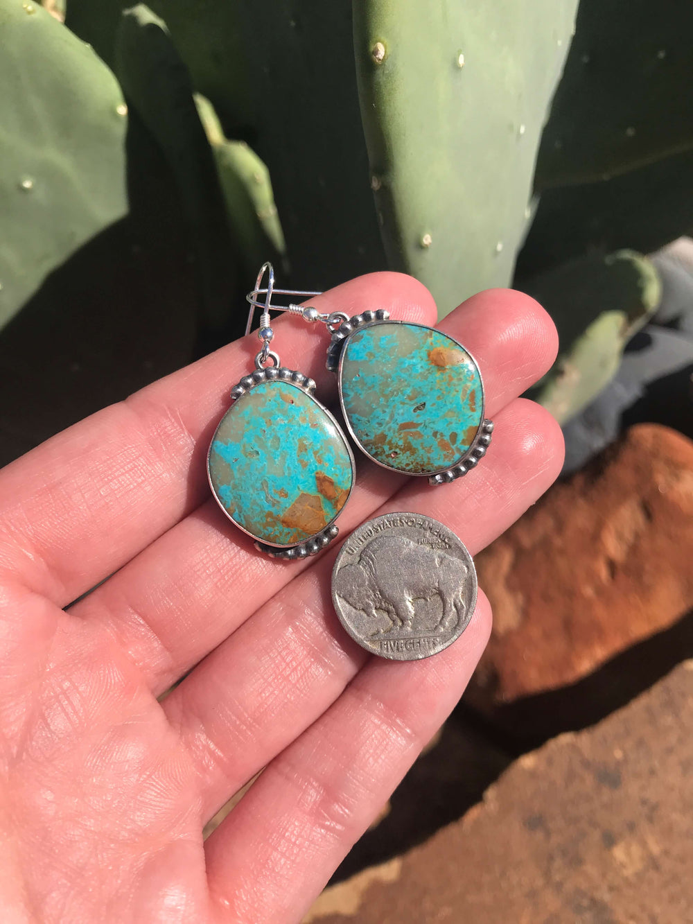 The Turquoise Dangle Earrings, 14-Earrings-Calli Co., Turquoise and Silver Jewelry, Native American Handmade, Zuni Tribe, Navajo Tribe, Brock Texas