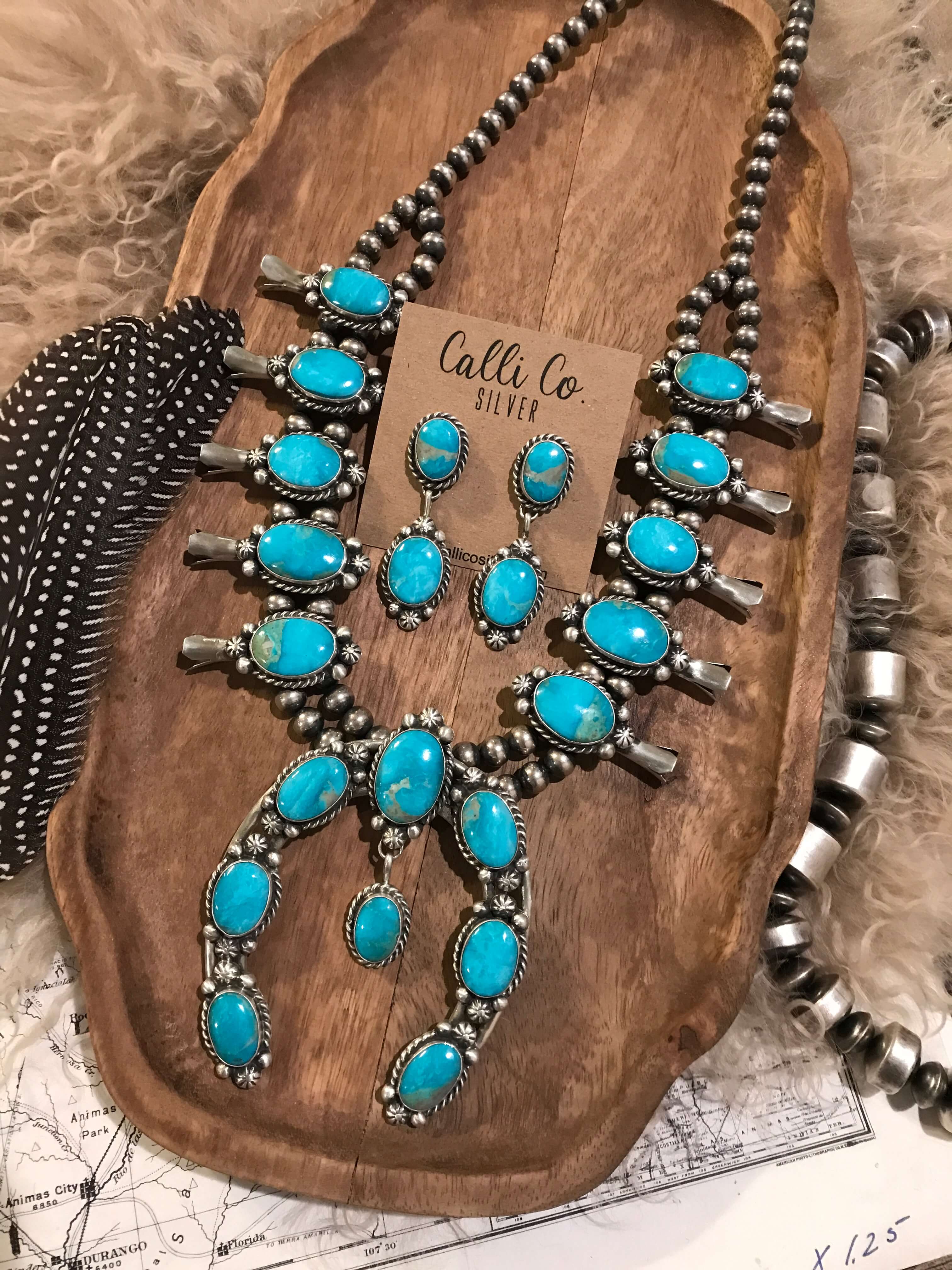 The Nacona Squash Blossom Necklace Set-Necklaces-Calli Co., Turquoise and Silver Jewelry, Native American Handmade, Zuni Tribe, Navajo Tribe, Brock Texas