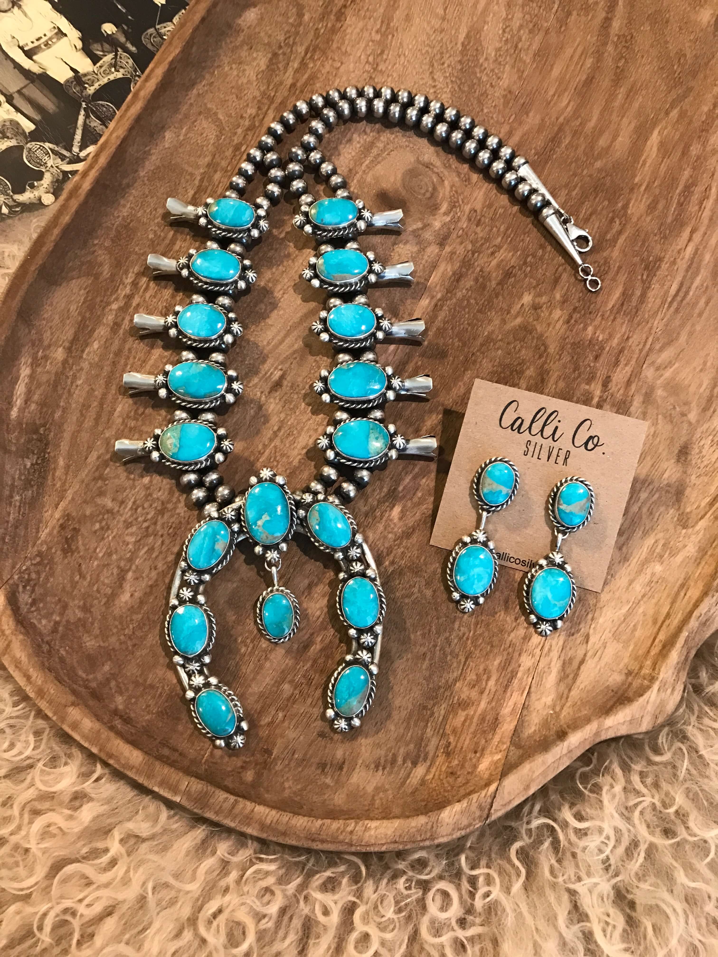 The Nacona Squash Blossom Necklace Set-Necklaces-Calli Co., Turquoise and Silver Jewelry, Native American Handmade, Zuni Tribe, Navajo Tribe, Brock Texas