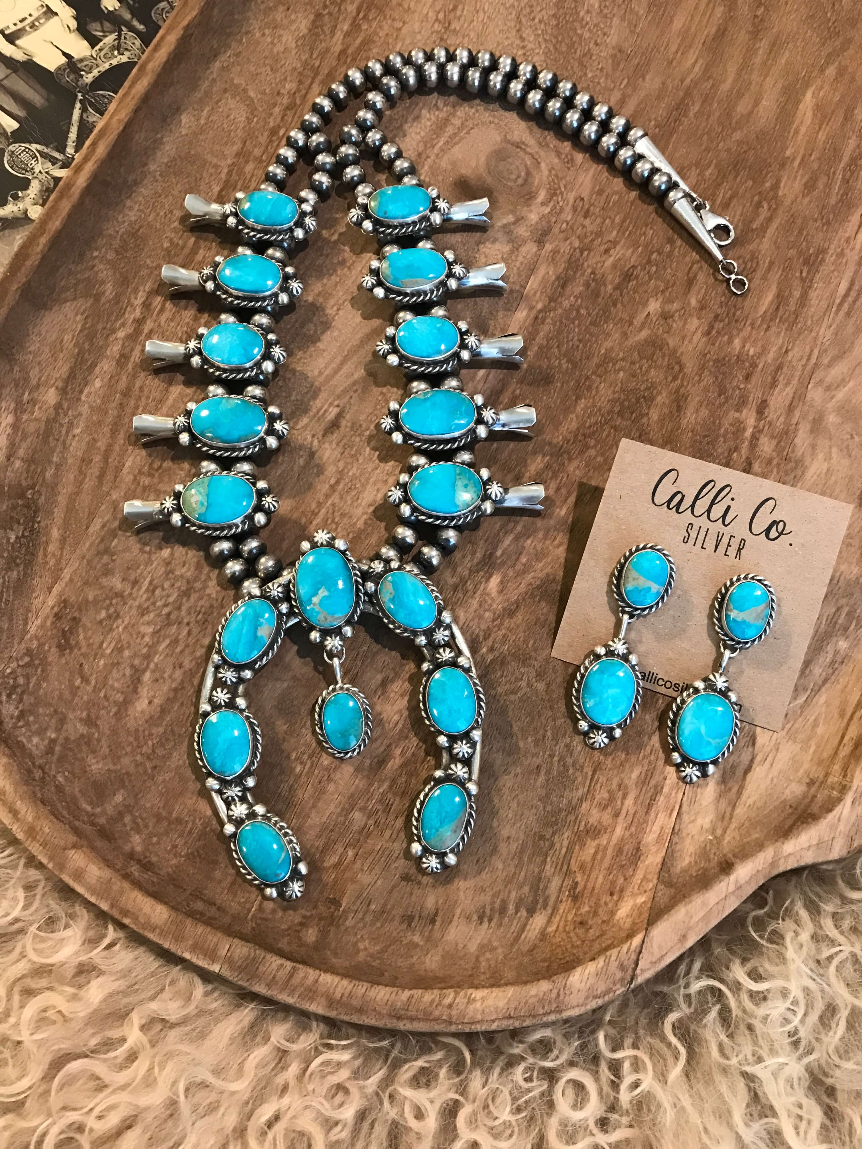 The Nacona Squash Blossom Necklace Set-Necklaces-Calli Co., Turquoise and Silver Jewelry, Native American Handmade, Zuni Tribe, Navajo Tribe, Brock Texas