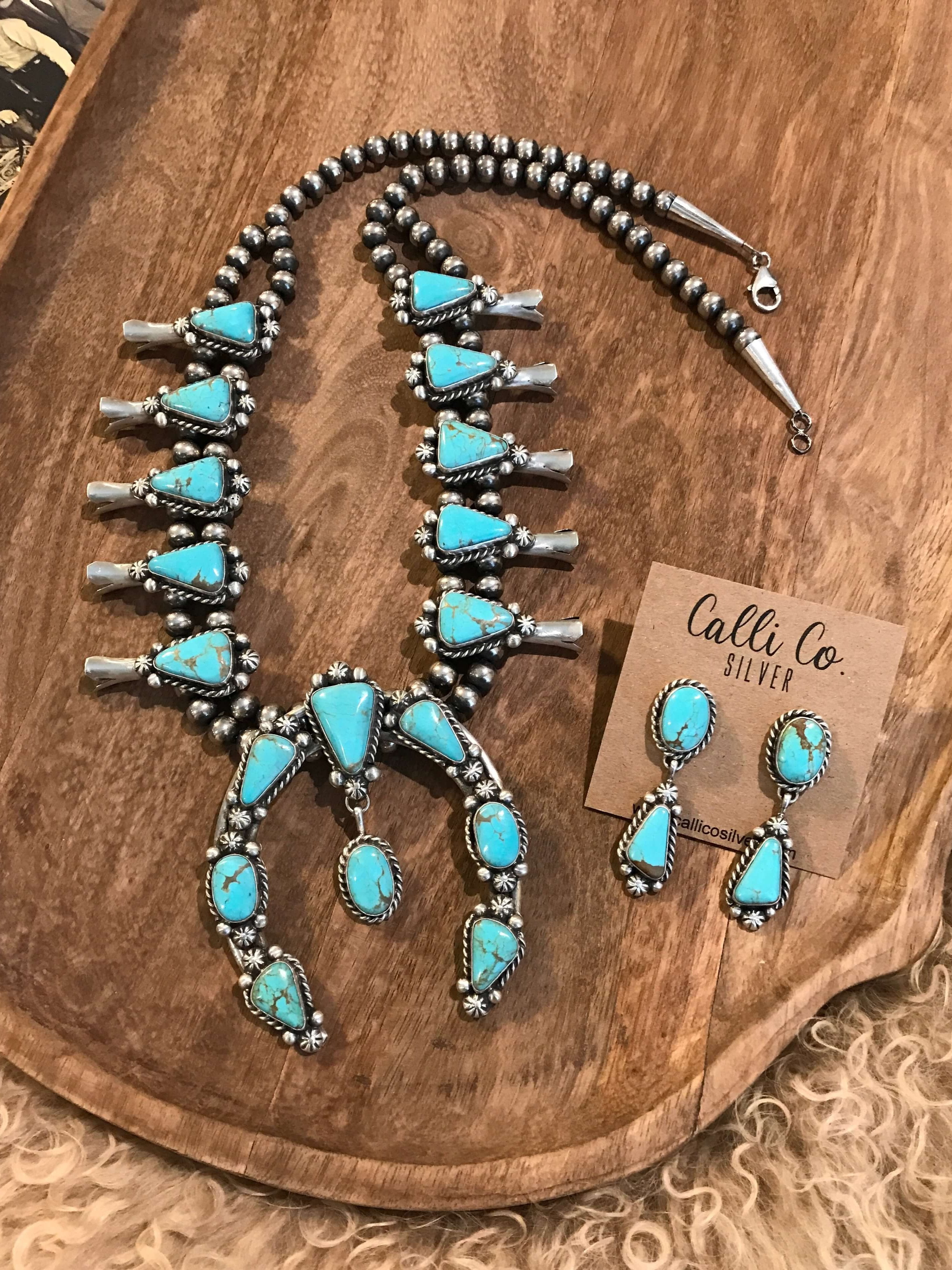 The Caledo Squash Blossom Necklace Set-Necklaces-Calli Co., Turquoise and Silver Jewelry, Native American Handmade, Zuni Tribe, Navajo Tribe, Brock Texas