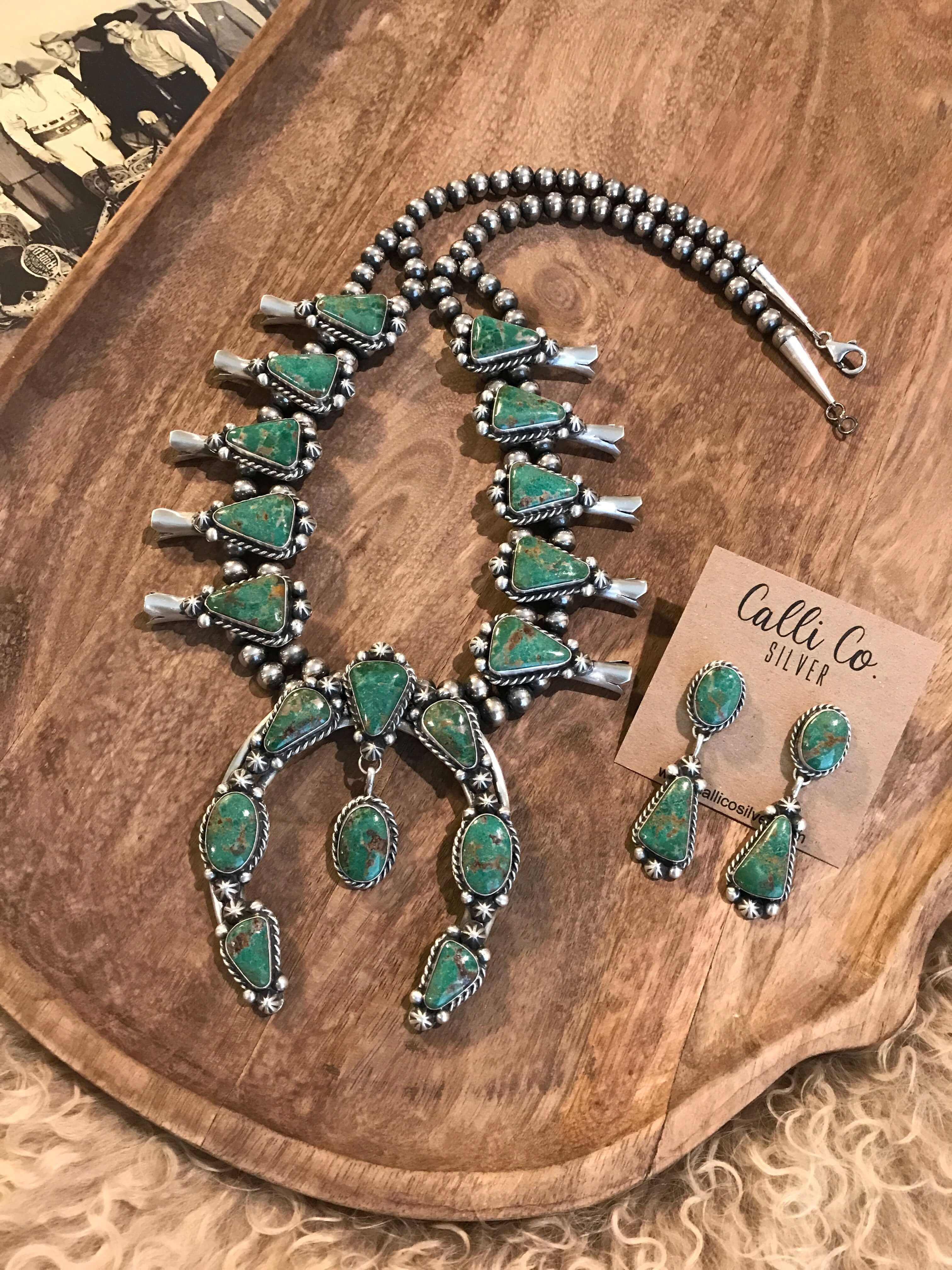 The Westward Squash Blossom Necklace Set-Necklaces-Calli Co., Turquoise and Silver Jewelry, Native American Handmade, Zuni Tribe, Navajo Tribe, Brock Texas