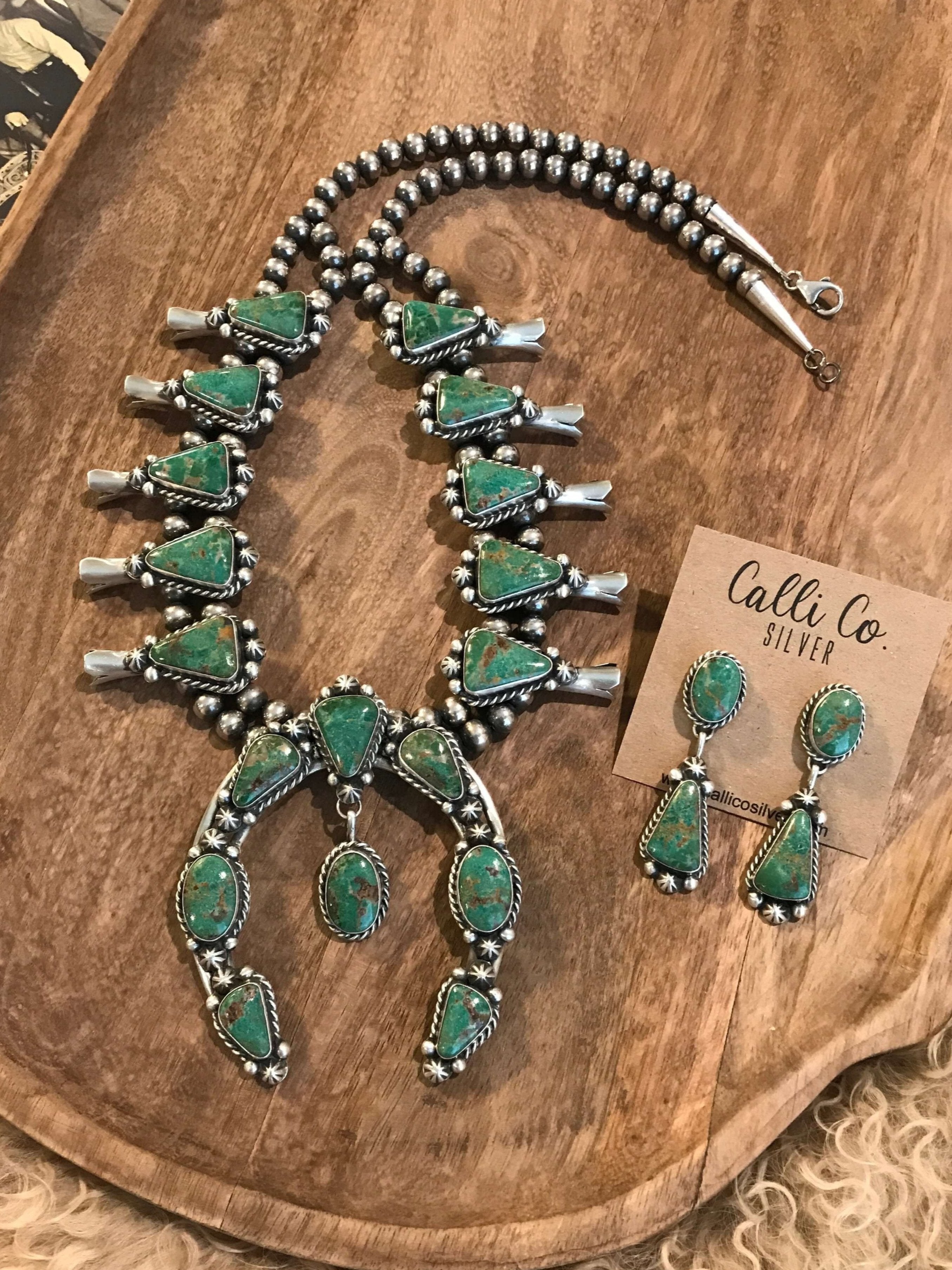 The Westward Squash Blossom Necklace Set-Necklaces-Calli Co., Turquoise and Silver Jewelry, Native American Handmade, Zuni Tribe, Navajo Tribe, Brock Texas