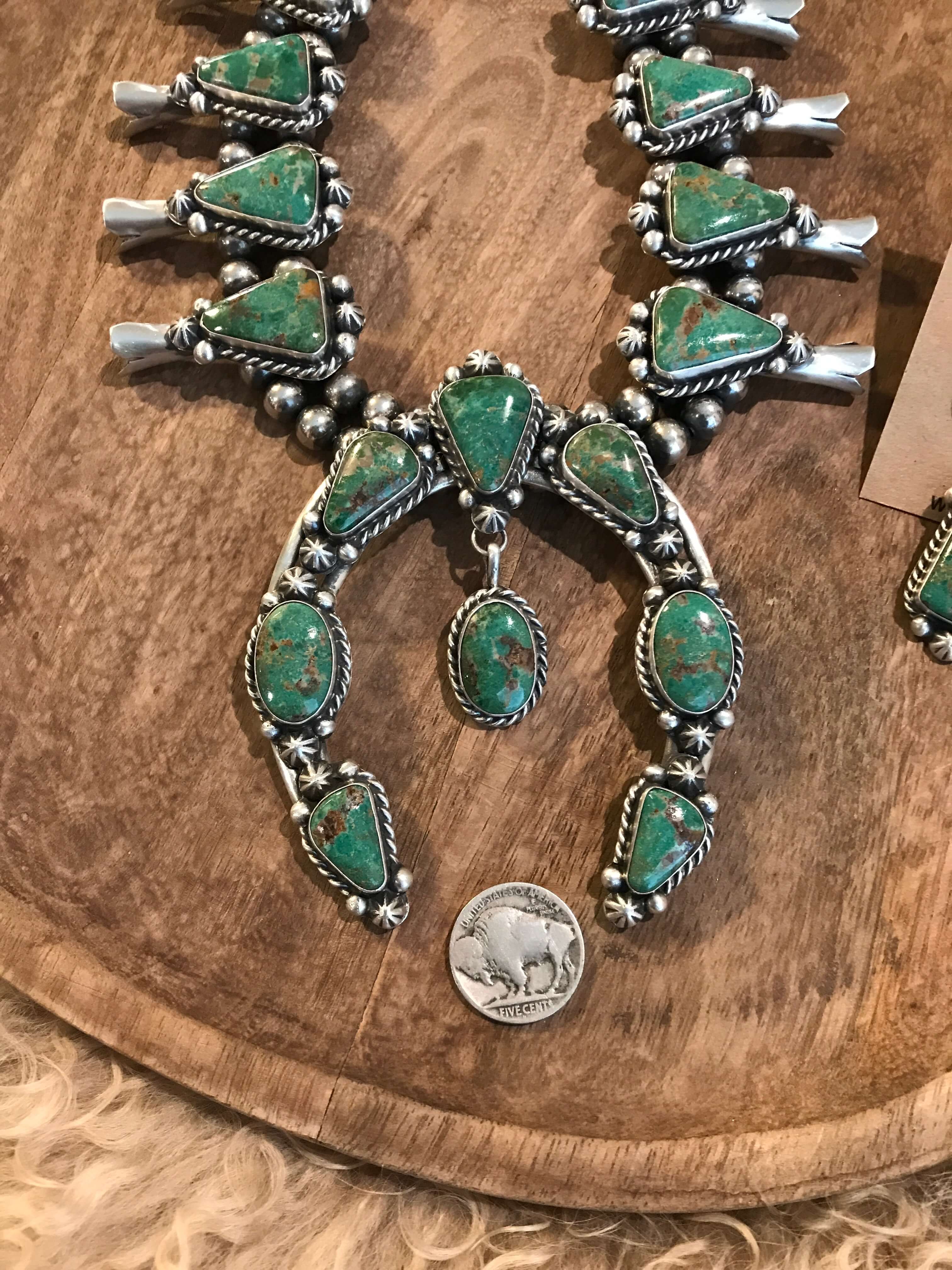 The Westward Squash Blossom Necklace Set-Necklaces-Calli Co., Turquoise and Silver Jewelry, Native American Handmade, Zuni Tribe, Navajo Tribe, Brock Texas