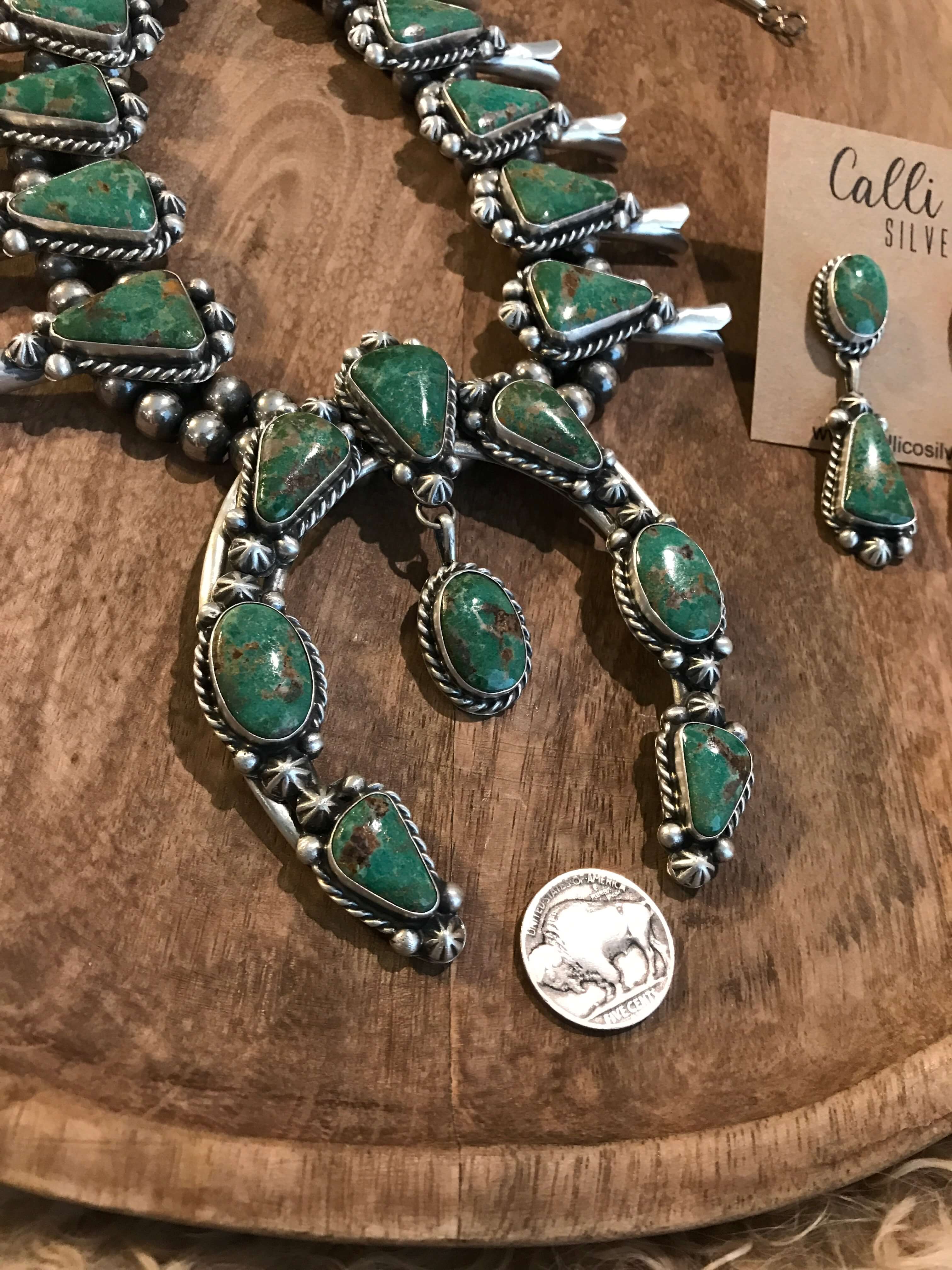 The Westward Squash Blossom Necklace Set-Necklaces-Calli Co., Turquoise and Silver Jewelry, Native American Handmade, Zuni Tribe, Navajo Tribe, Brock Texas