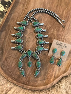 The Westward Squash Blossom Necklace Set-Necklaces-Calli Co., Turquoise and Silver Jewelry, Native American Handmade, Zuni Tribe, Navajo Tribe, Brock Texas