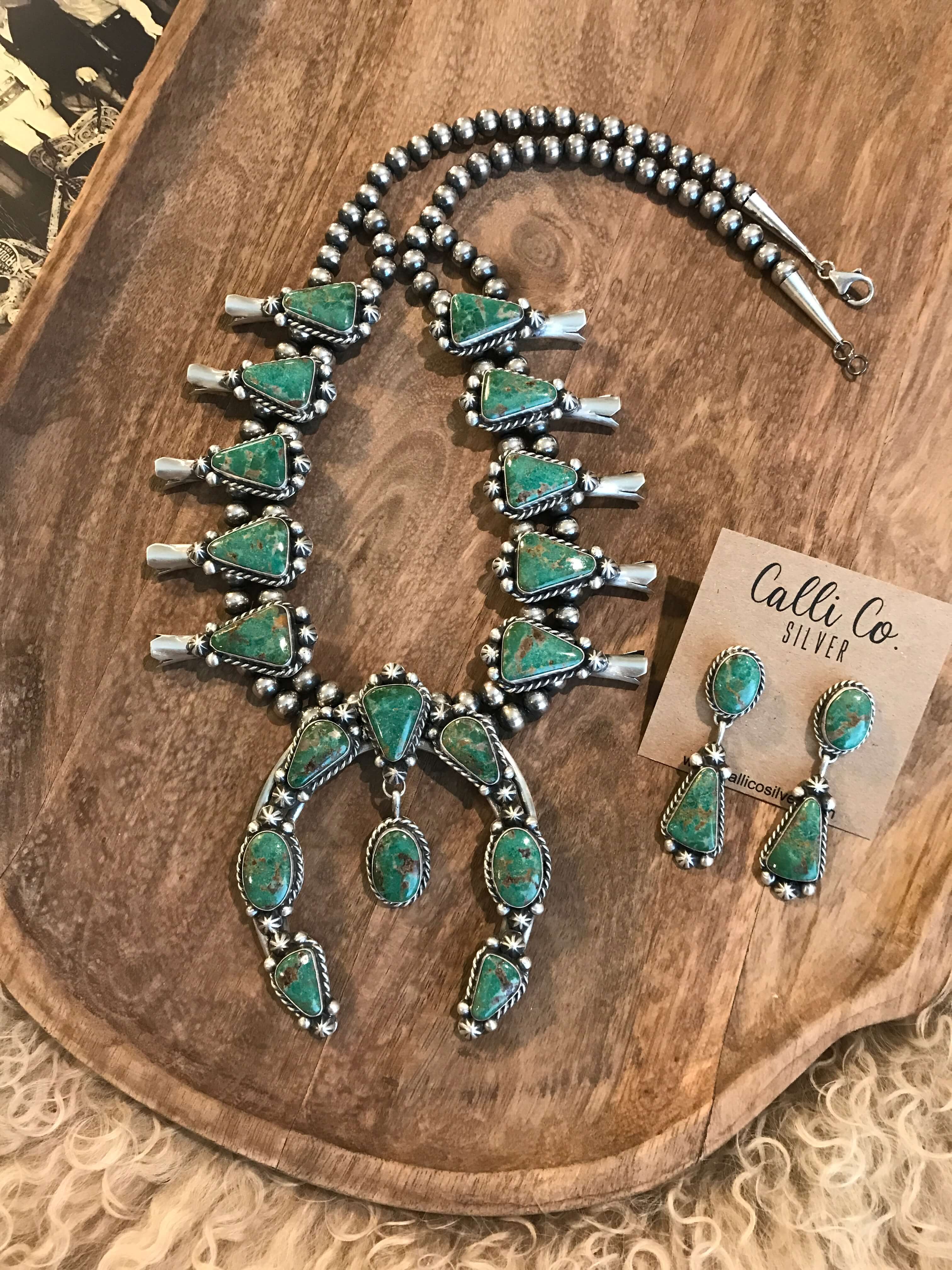 The Westward Squash Blossom Necklace Set-Necklaces-Calli Co., Turquoise and Silver Jewelry, Native American Handmade, Zuni Tribe, Navajo Tribe, Brock Texas