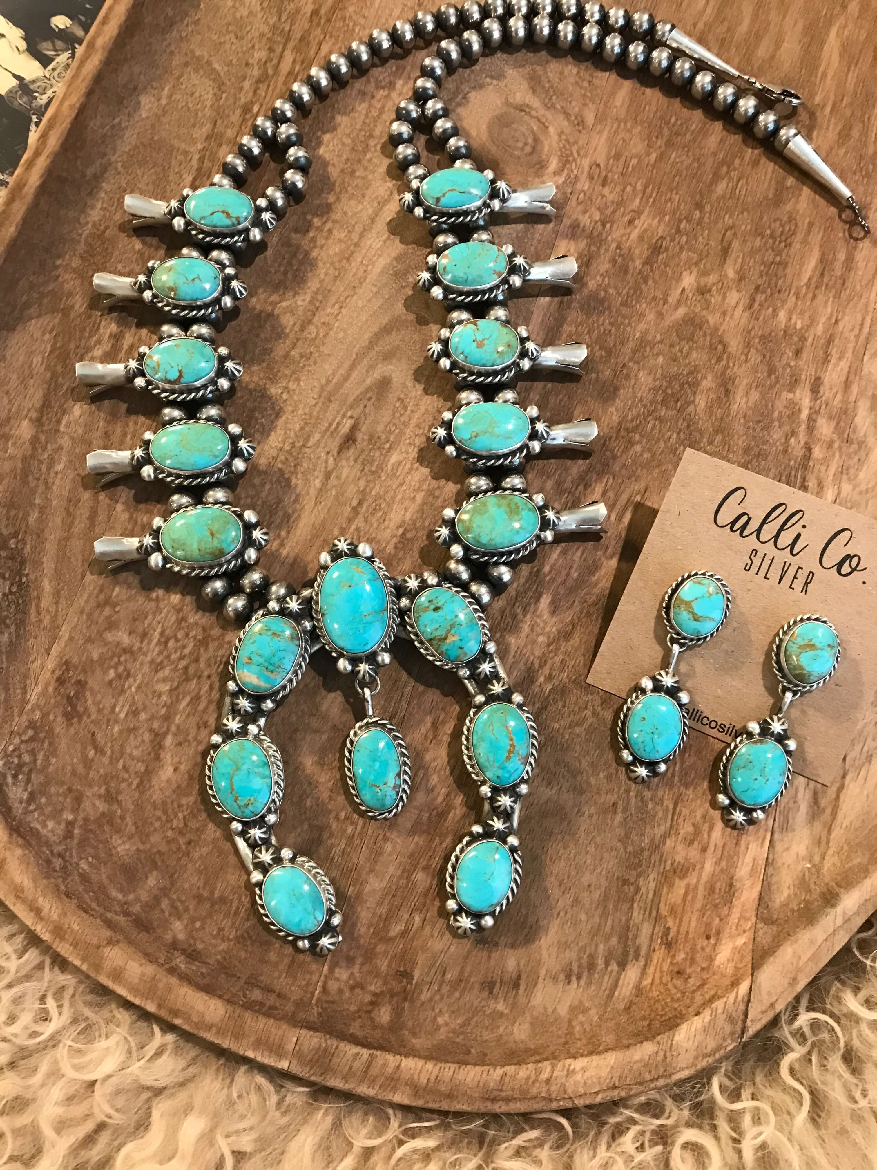 The Captain Squash Blossom Necklace Set-Necklaces-Calli Co., Turquoise and Silver Jewelry, Native American Handmade, Zuni Tribe, Navajo Tribe, Brock Texas