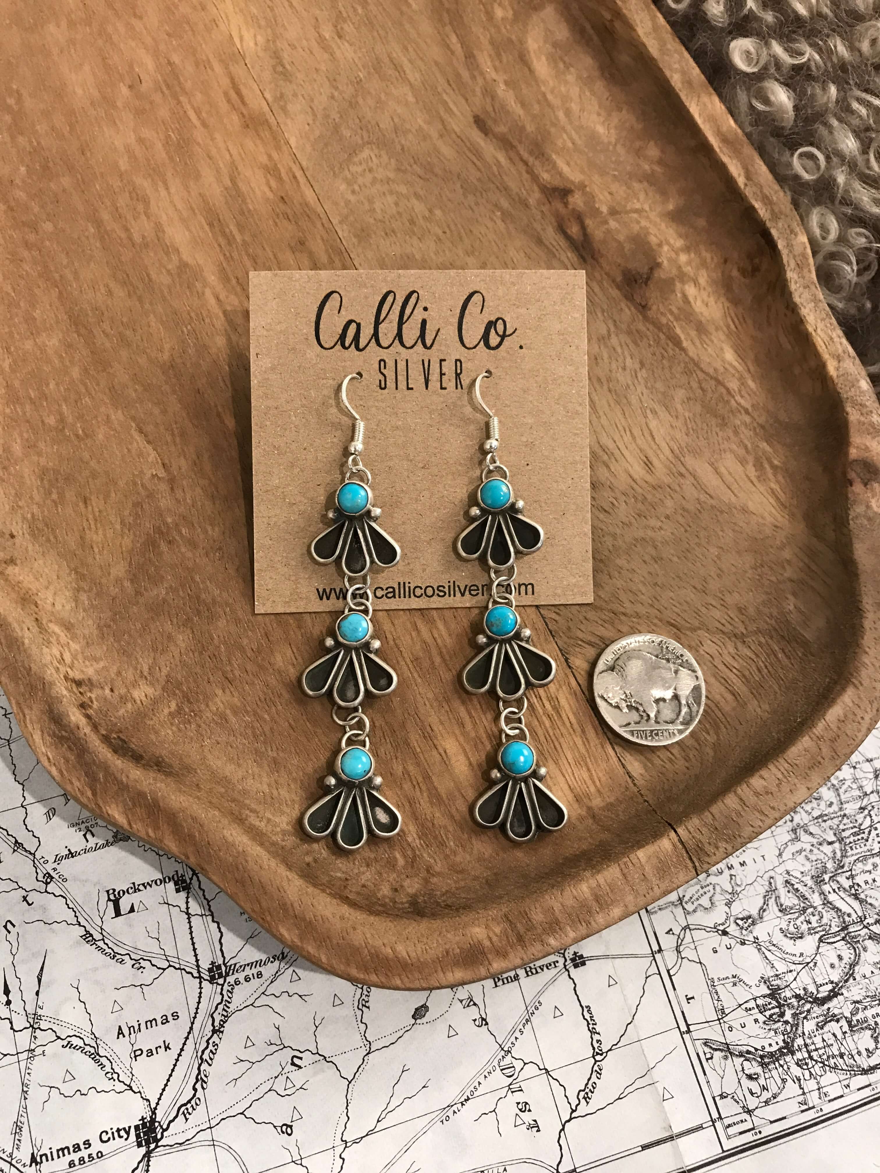 The Alaska Drop Earrings-Earrings-Calli Co., Turquoise and Silver Jewelry, Native American Handmade, Zuni Tribe, Navajo Tribe, Brock Texas
