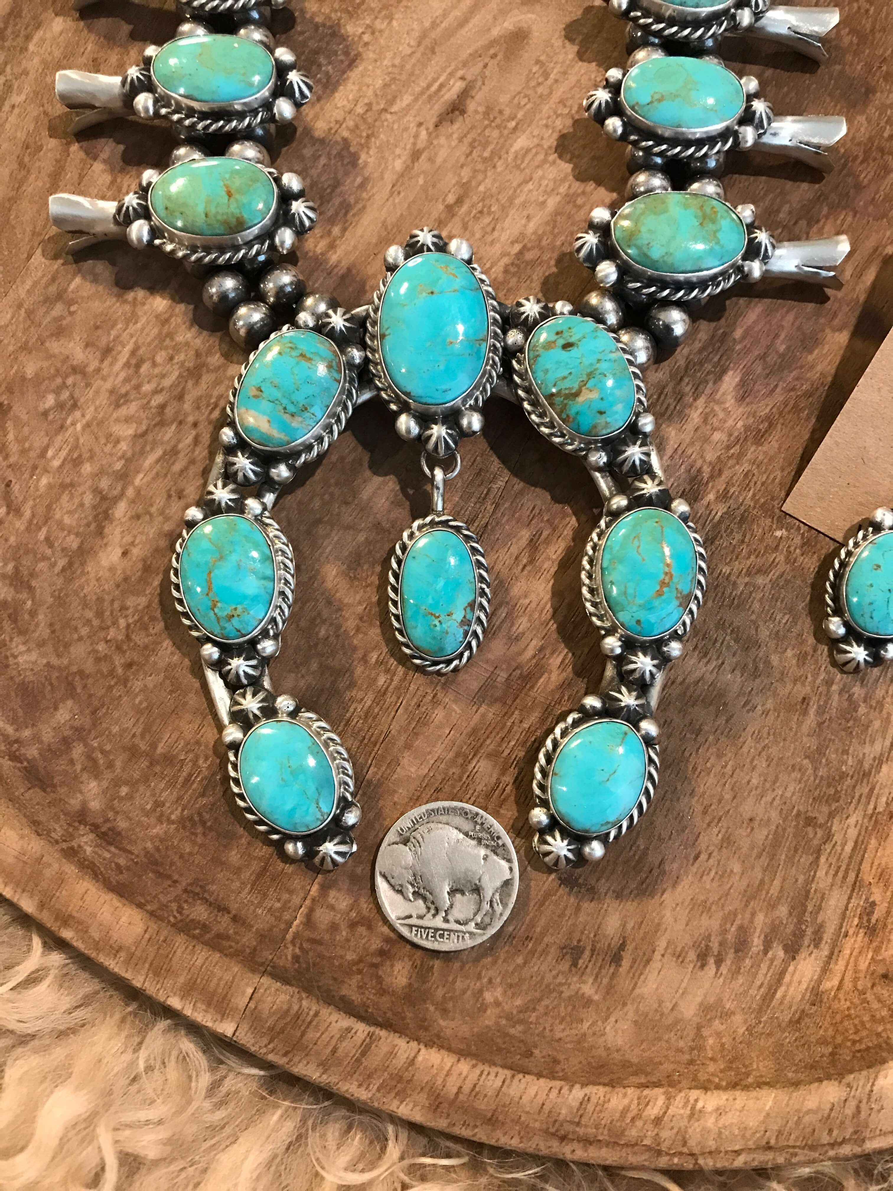 The Captain Squash Blossom Necklace Set-Necklaces-Calli Co., Turquoise and Silver Jewelry, Native American Handmade, Zuni Tribe, Navajo Tribe, Brock Texas