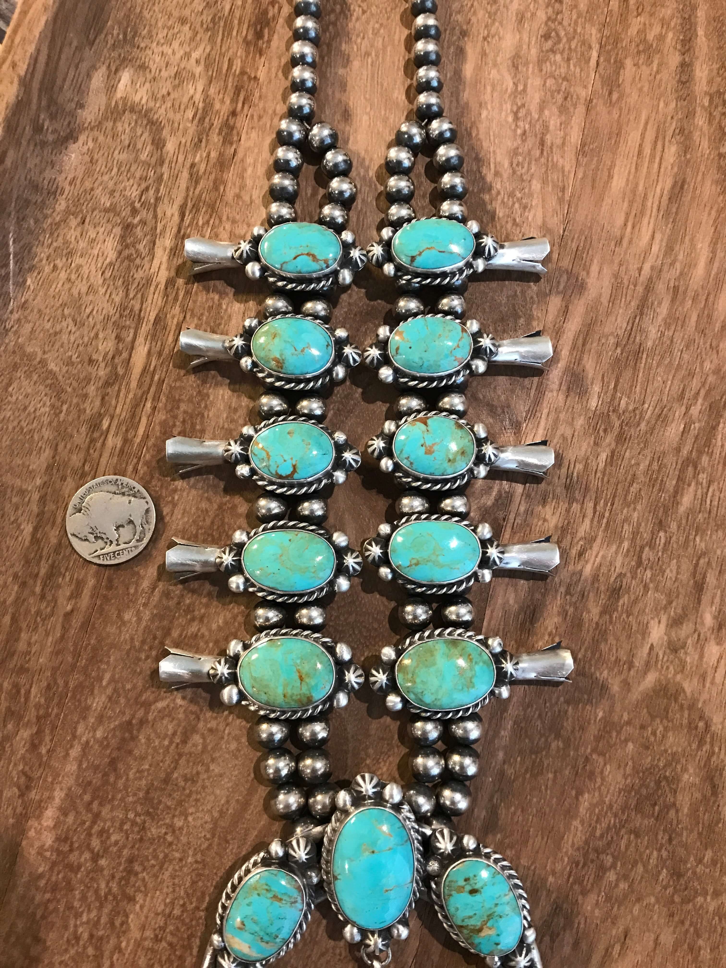 The Captain Squash Blossom Necklace Set-Necklaces-Calli Co., Turquoise and Silver Jewelry, Native American Handmade, Zuni Tribe, Navajo Tribe, Brock Texas