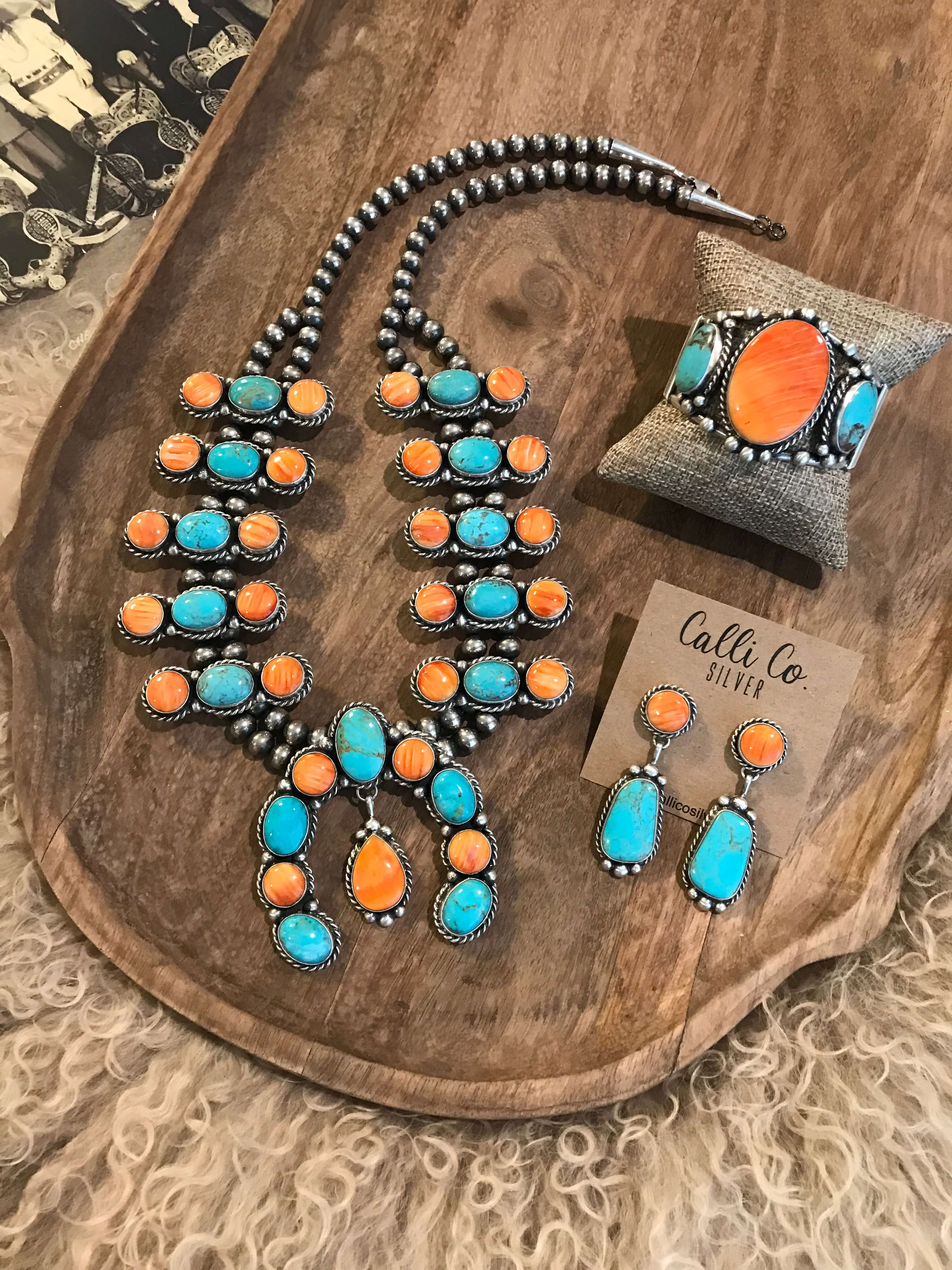 The Wynn Turquoise and Spiny Squash Blossom Set – Calli Co. Silver
