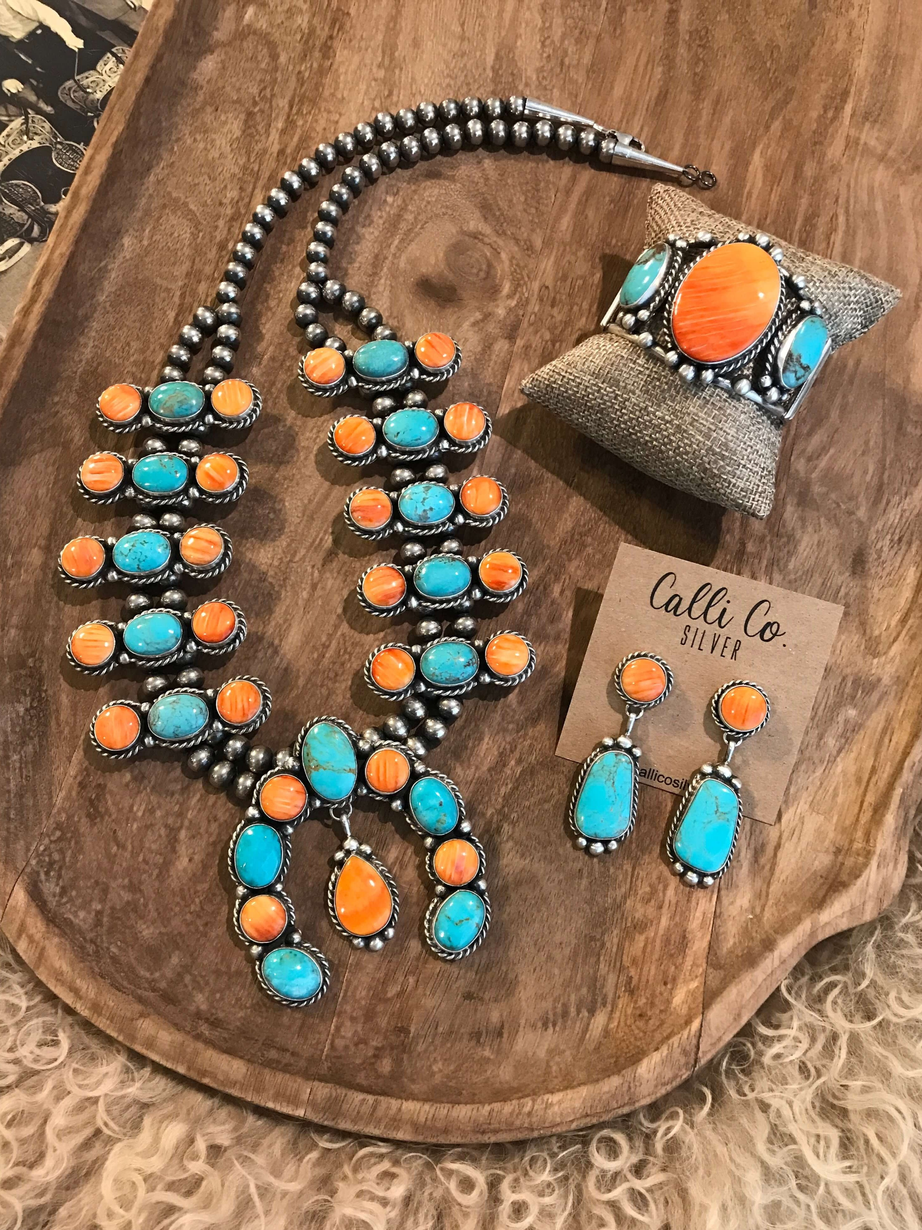 Native American Dynamic Turquoise & Coral Squash Blossom Dangle Earrings