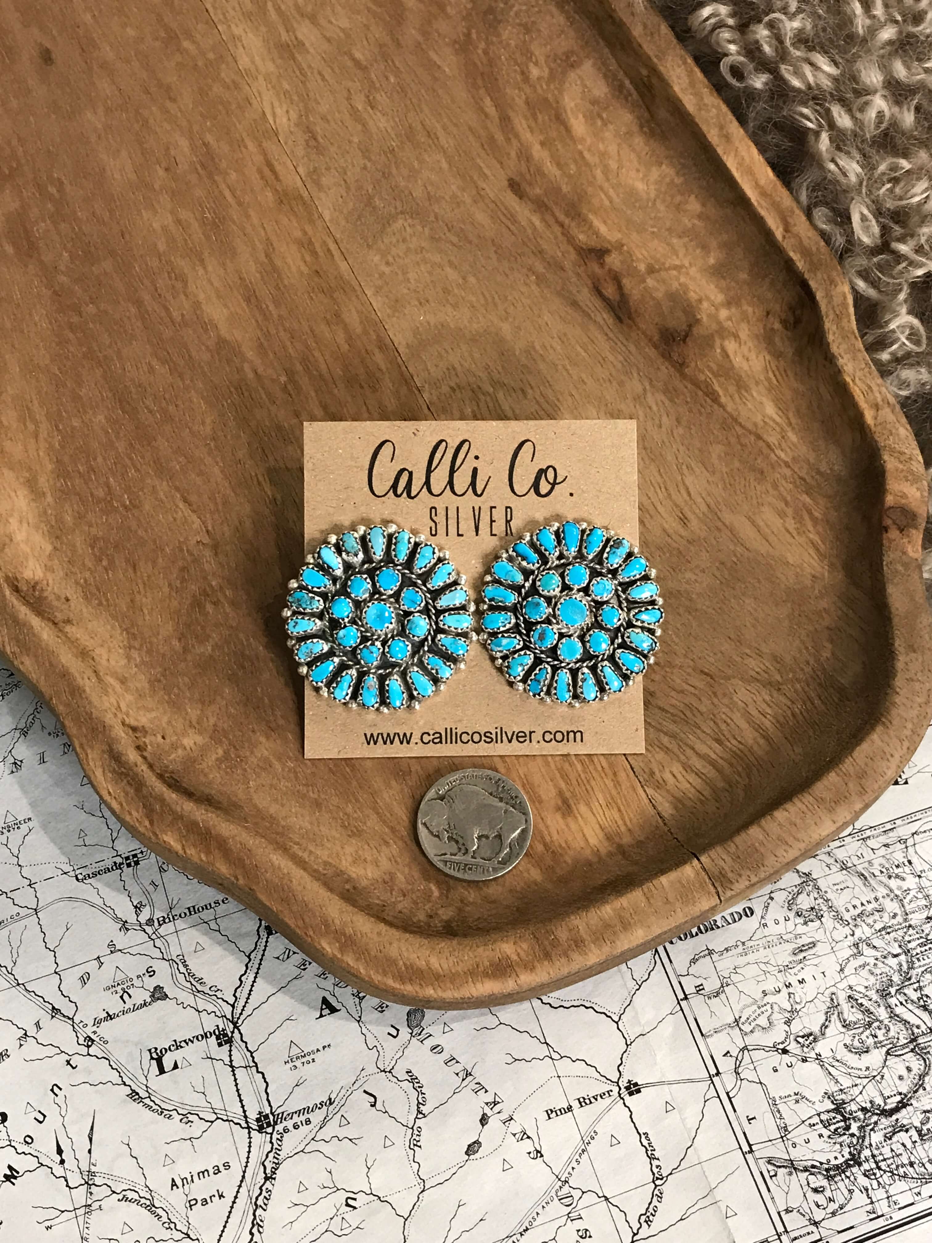 The Burnett Cluster Earrings-Earrings-Calli Co., Turquoise and Silver Jewelry, Native American Handmade, Zuni Tribe, Navajo Tribe, Brock Texas