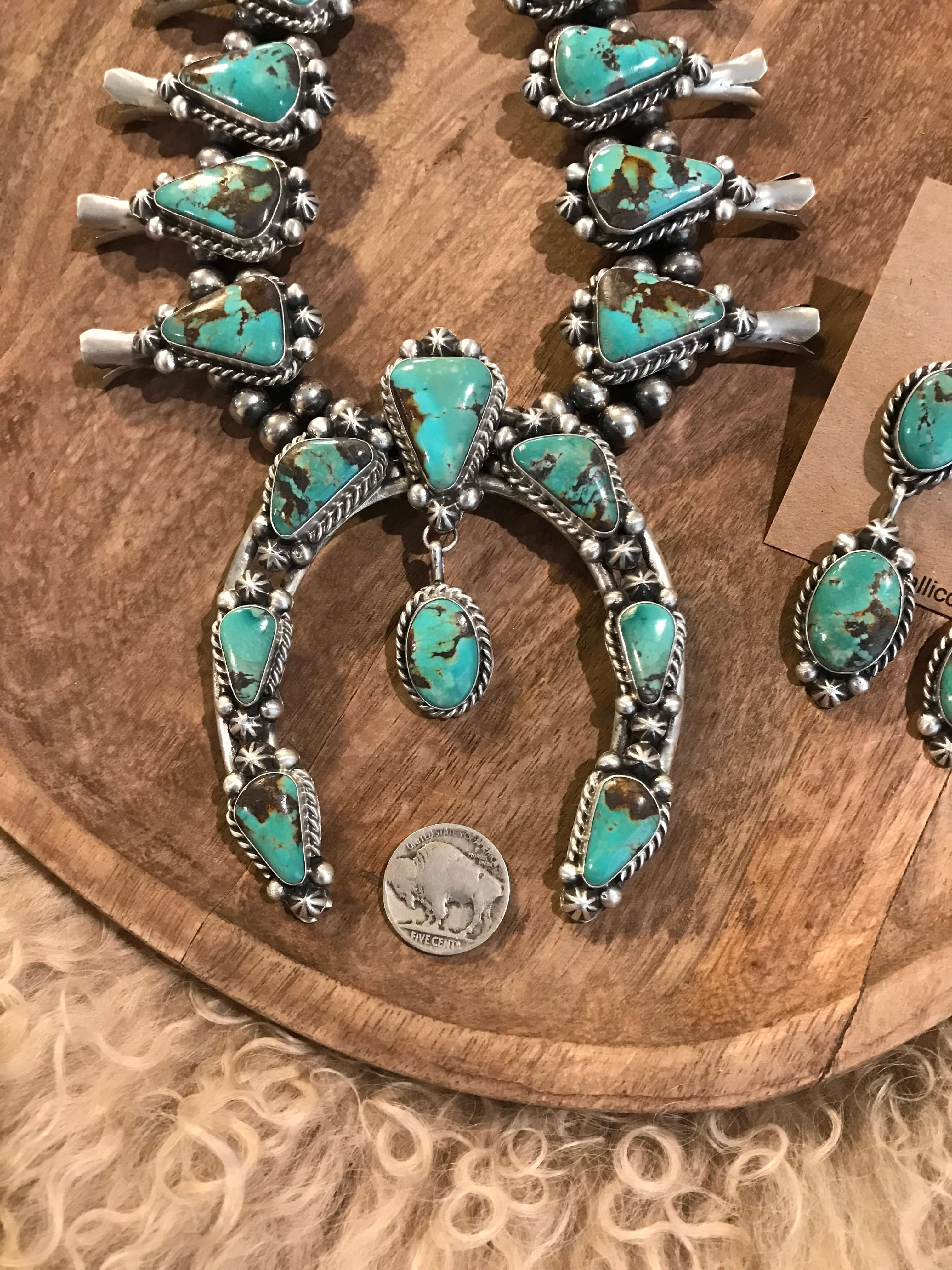 The Luck Squash Blossom Necklace Set-Necklaces-Calli Co., Turquoise and Silver Jewelry, Native American Handmade, Zuni Tribe, Navajo Tribe, Brock Texas