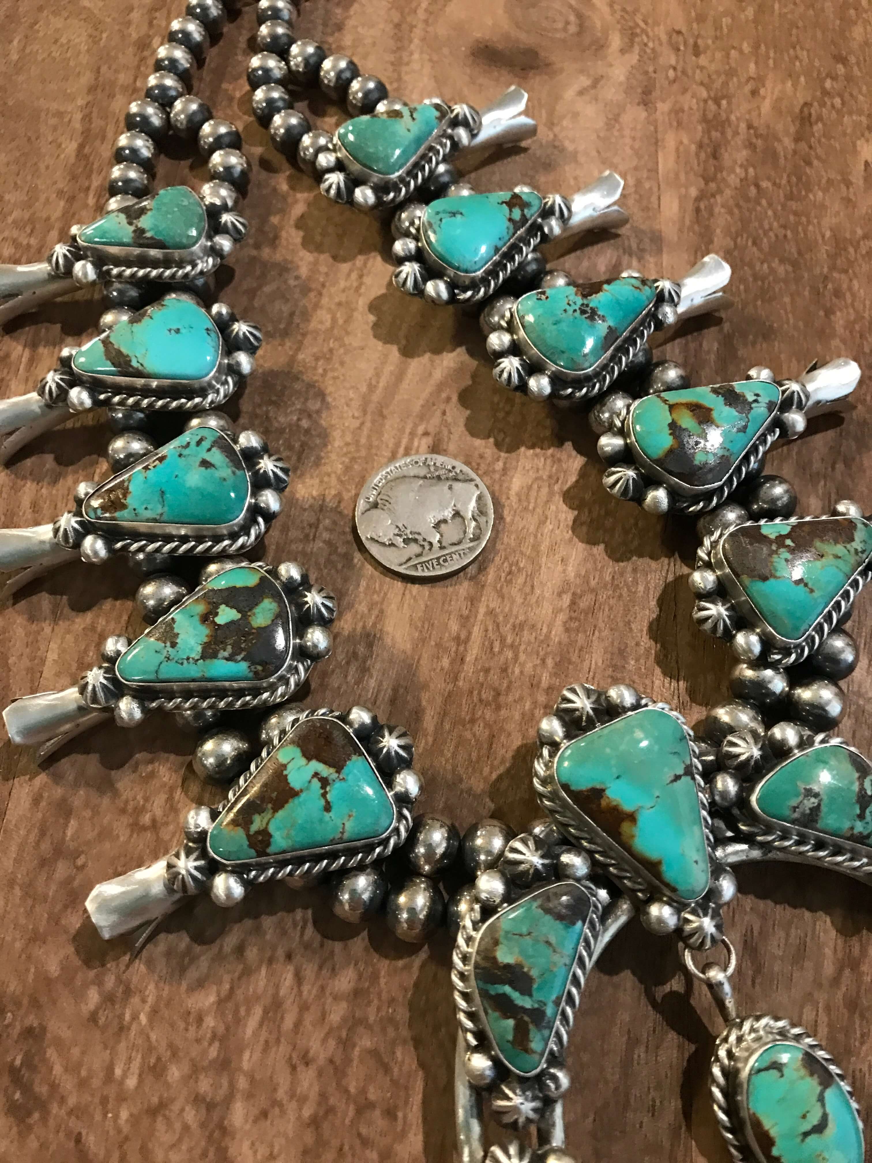 The Luck Squash Blossom Necklace Set-Necklaces-Calli Co., Turquoise and Silver Jewelry, Native American Handmade, Zuni Tribe, Navajo Tribe, Brock Texas