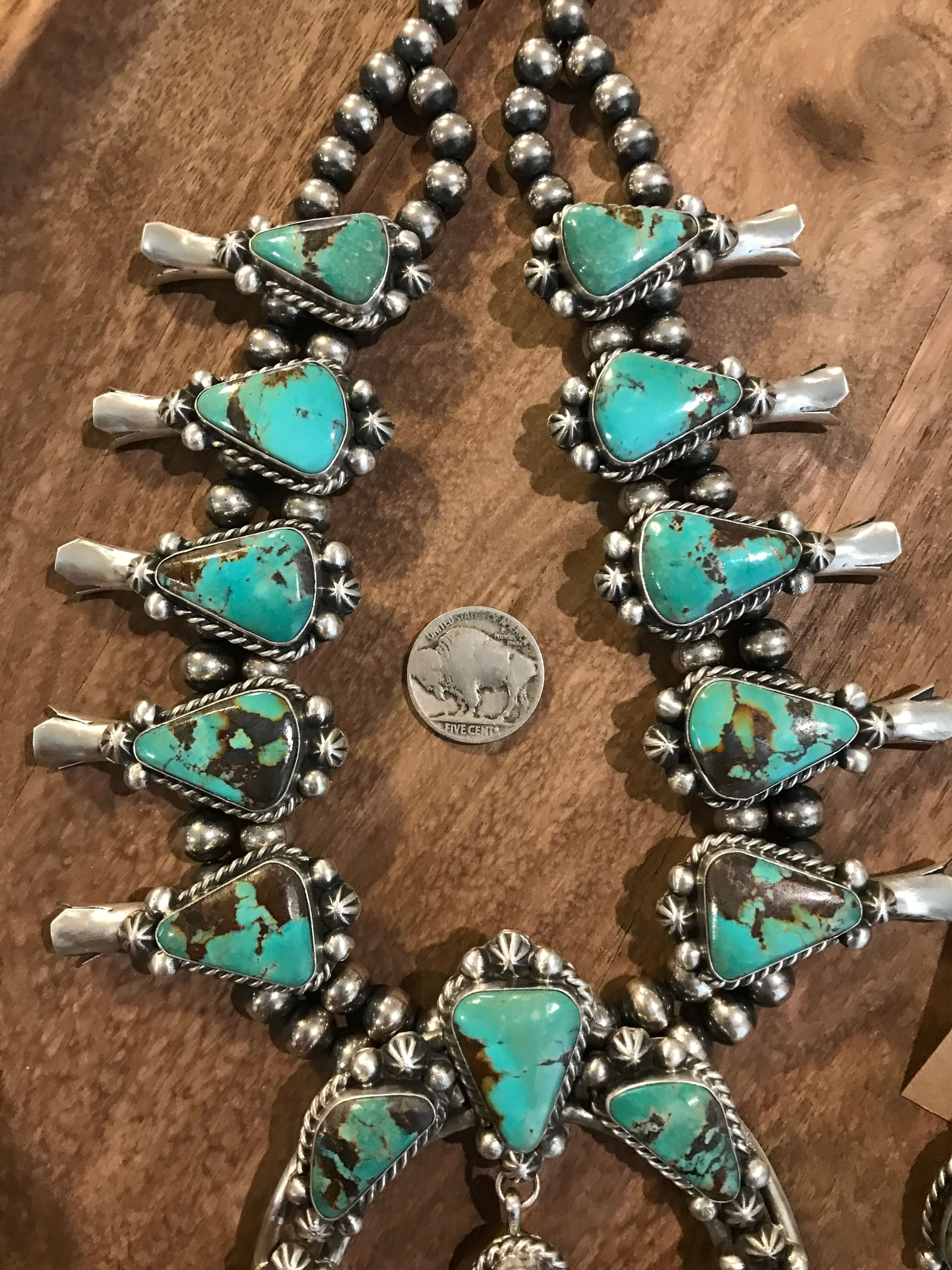 The Luck Squash Blossom Necklace Set-Necklaces-Calli Co., Turquoise and Silver Jewelry, Native American Handmade, Zuni Tribe, Navajo Tribe, Brock Texas