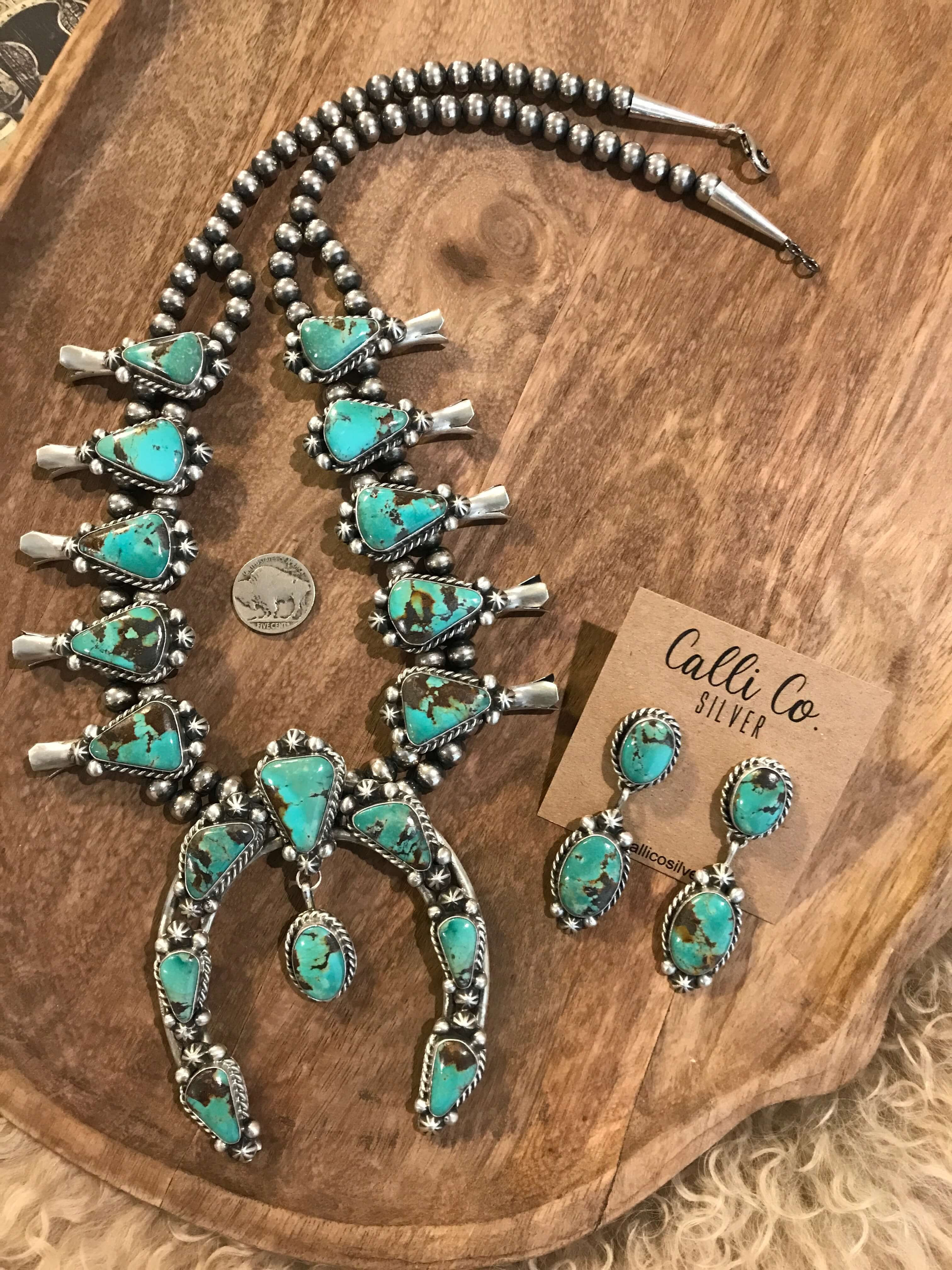 The Luck Squash Blossom Necklace Set-Necklaces-Calli Co., Turquoise and Silver Jewelry, Native American Handmade, Zuni Tribe, Navajo Tribe, Brock Texas