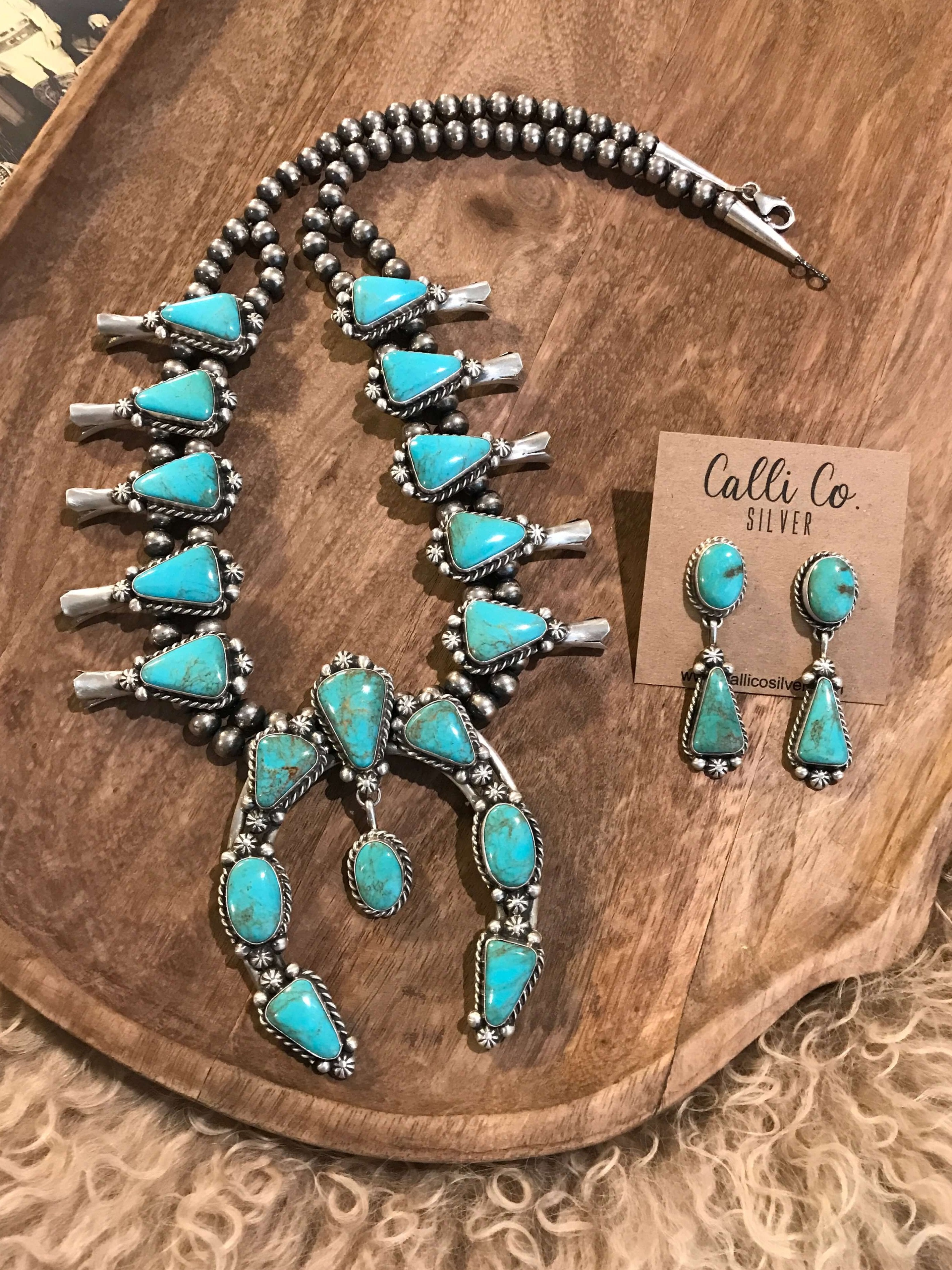 The Cotulla Squash Blossom Necklace Set-Necklaces-Calli Co., Turquoise and Silver Jewelry, Native American Handmade, Zuni Tribe, Navajo Tribe, Brock Texas