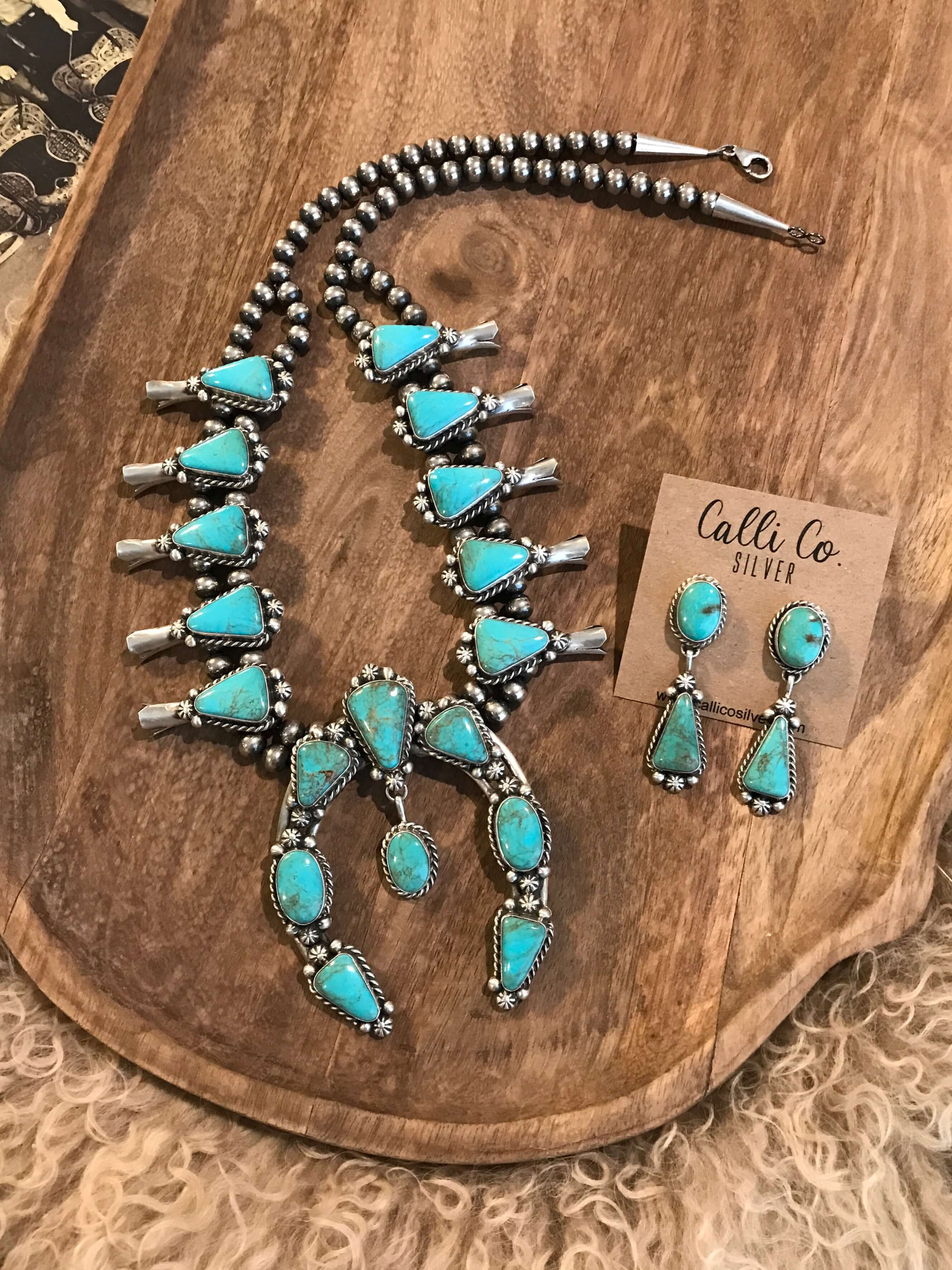 The Cotulla Squash Blossom Necklace Set-Necklaces-Calli Co., Turquoise and Silver Jewelry, Native American Handmade, Zuni Tribe, Navajo Tribe, Brock Texas