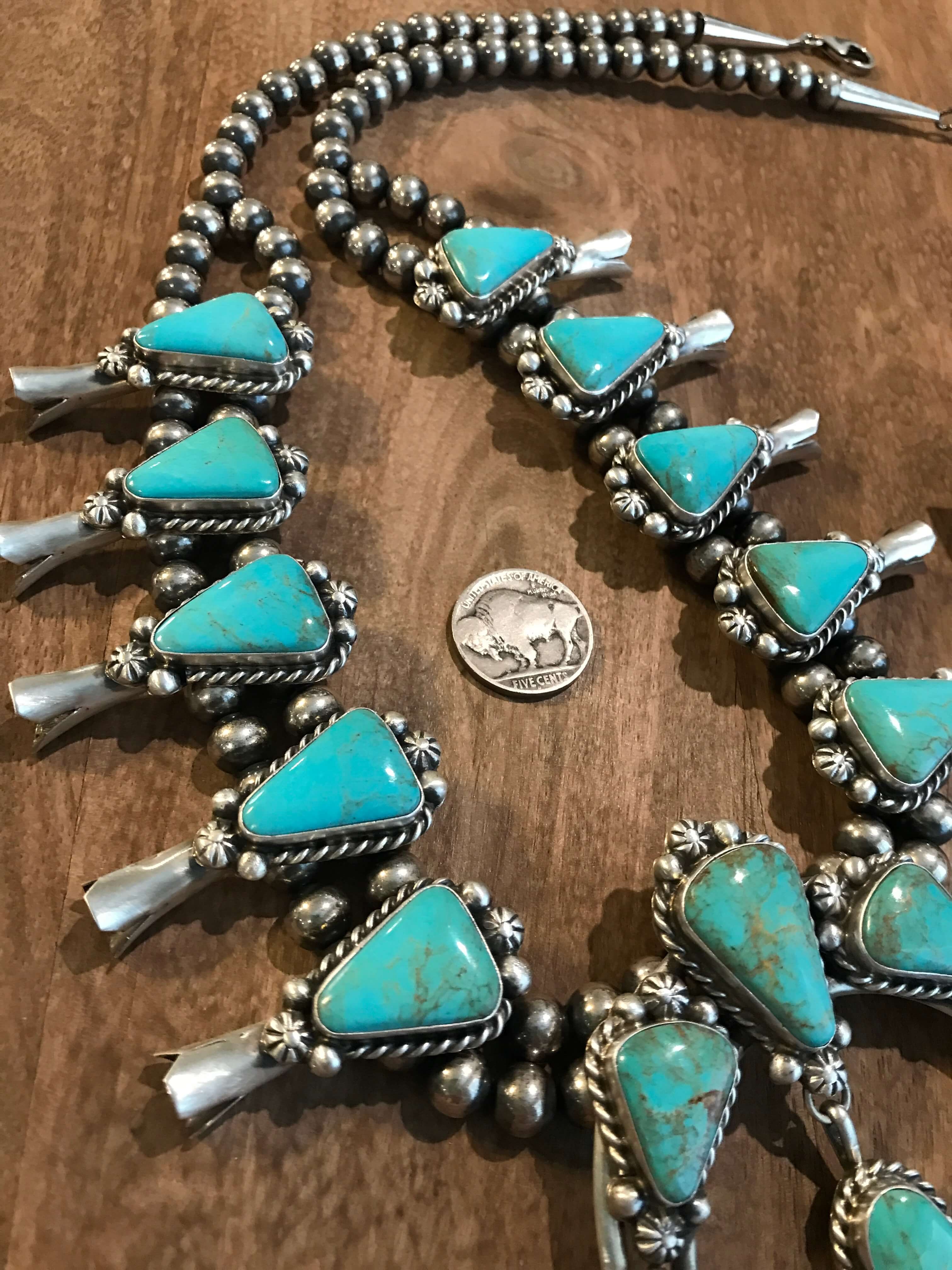 The Cotulla Squash Blossom Necklace Set-Necklaces-Calli Co., Turquoise and Silver Jewelry, Native American Handmade, Zuni Tribe, Navajo Tribe, Brock Texas