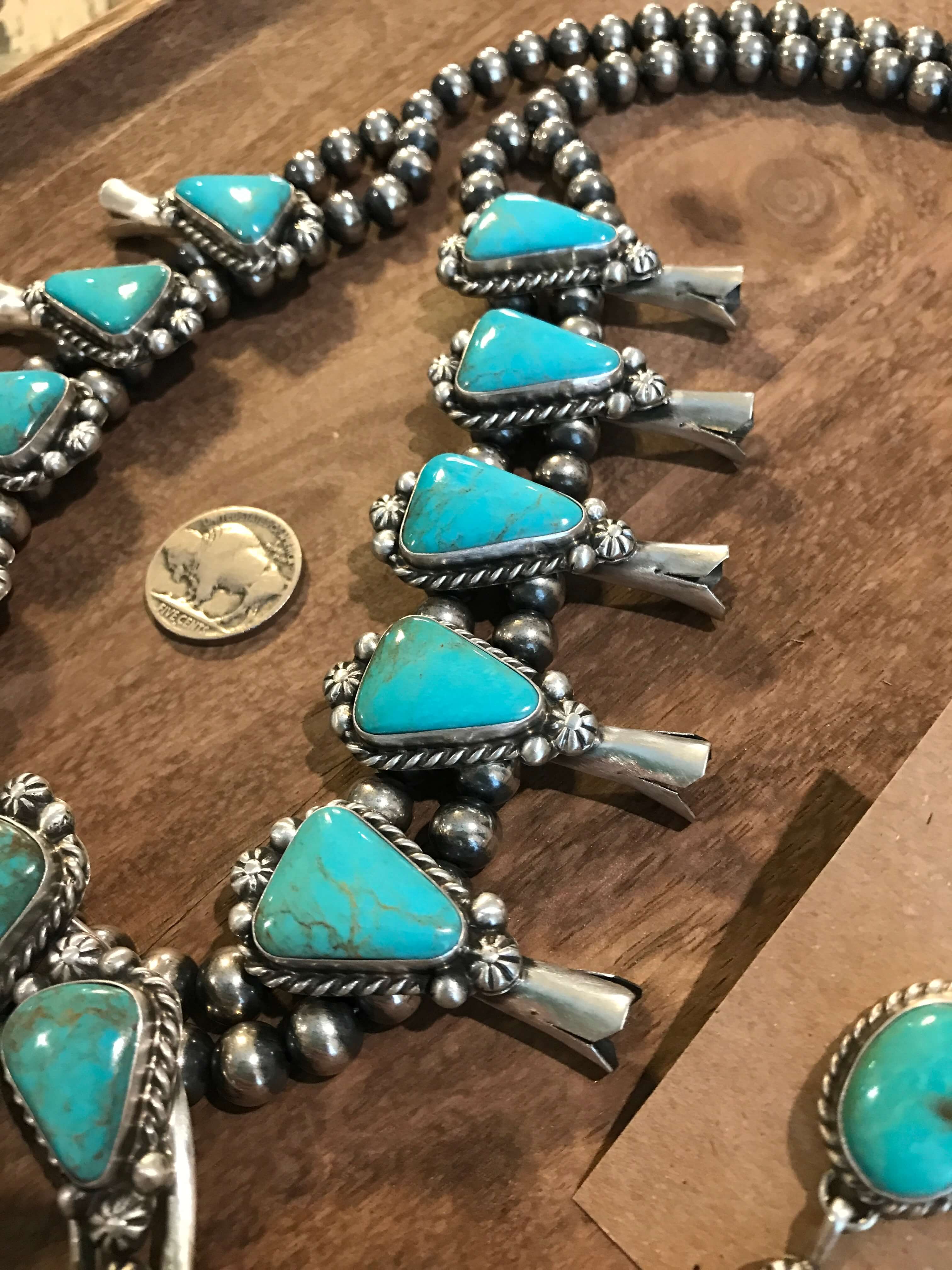 The Cotulla Squash Blossom Necklace Set-Necklaces-Calli Co., Turquoise and Silver Jewelry, Native American Handmade, Zuni Tribe, Navajo Tribe, Brock Texas