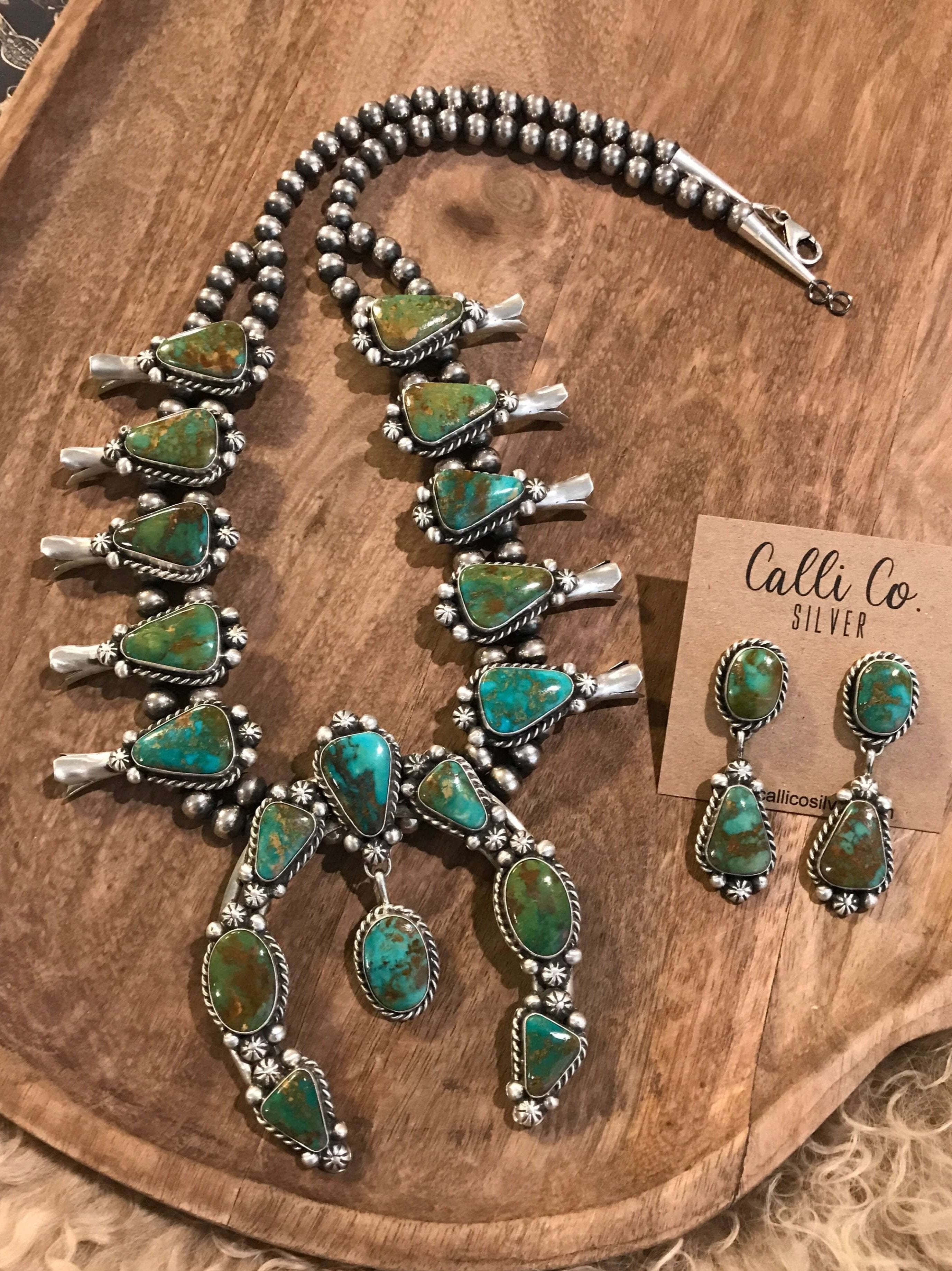 The Western Slope Squash Blossom Necklace Set-Necklaces-Calli Co., Turquoise and Silver Jewelry, Native American Handmade, Zuni Tribe, Navajo Tribe, Brock Texas