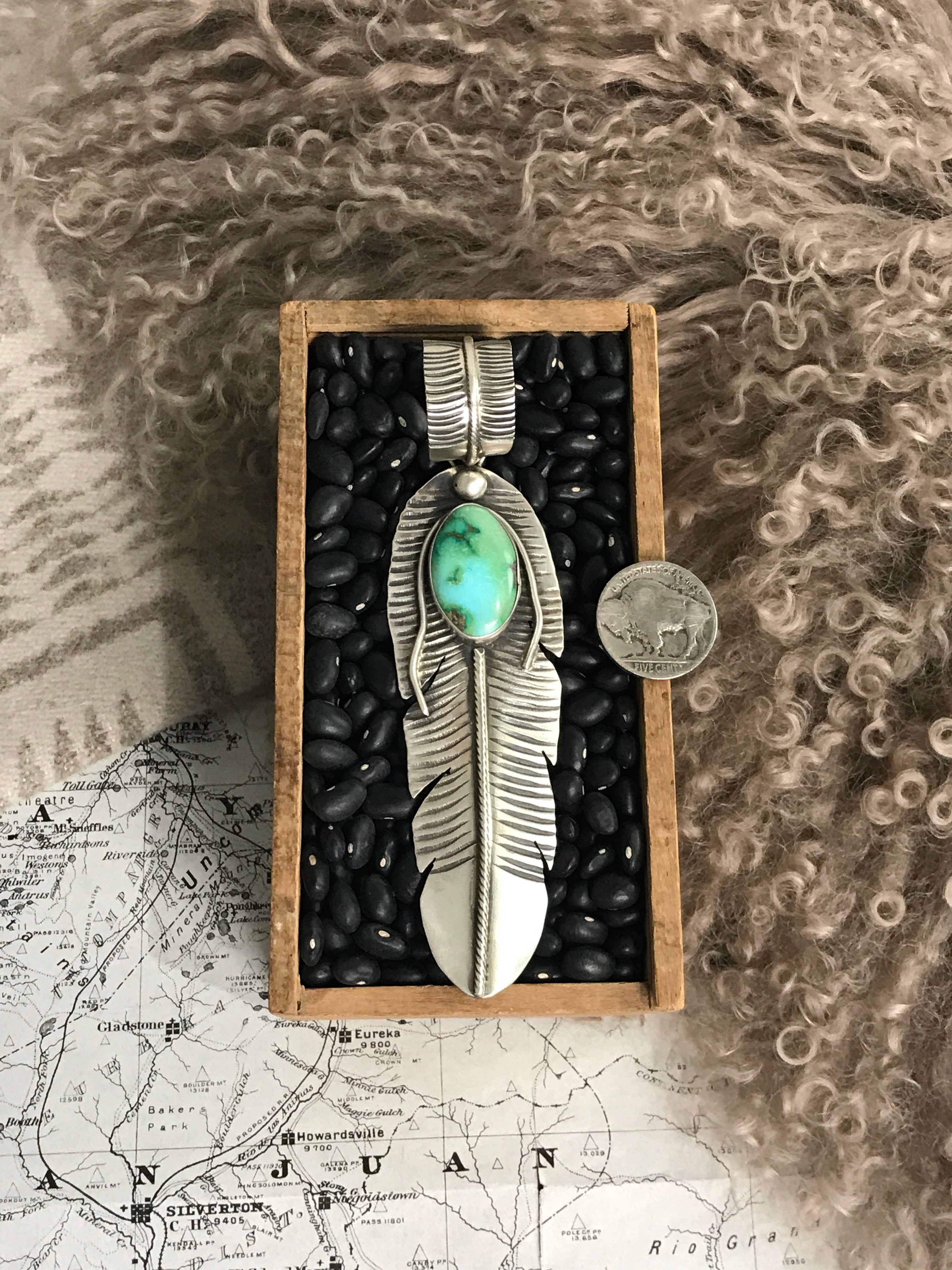 Women's Navajo Handmade Turquoise Feather Pendant | Calli Co
