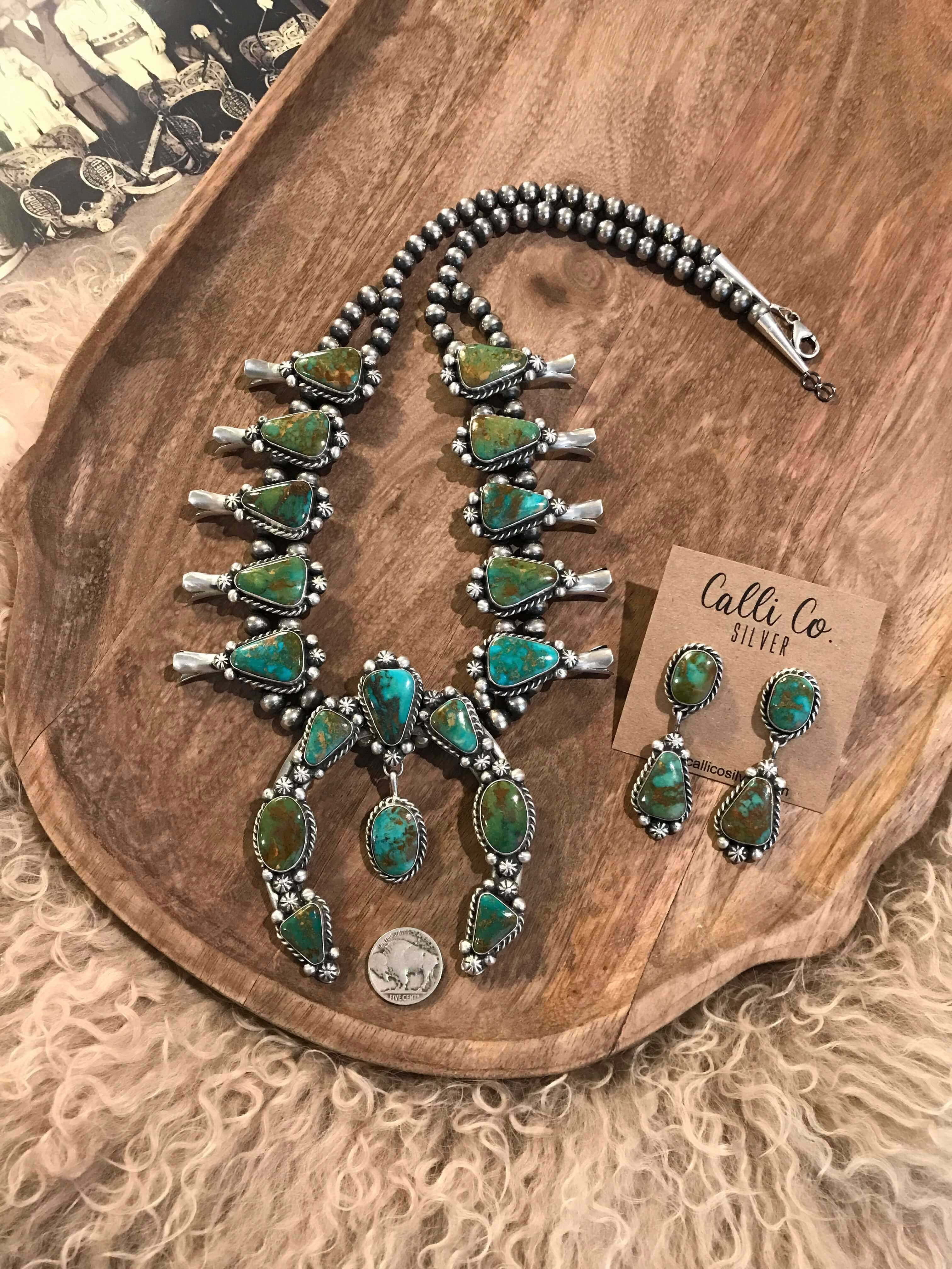 The Western Slope Squash Blossom Necklace Set-Necklaces-Calli Co., Turquoise and Silver Jewelry, Native American Handmade, Zuni Tribe, Navajo Tribe, Brock Texas