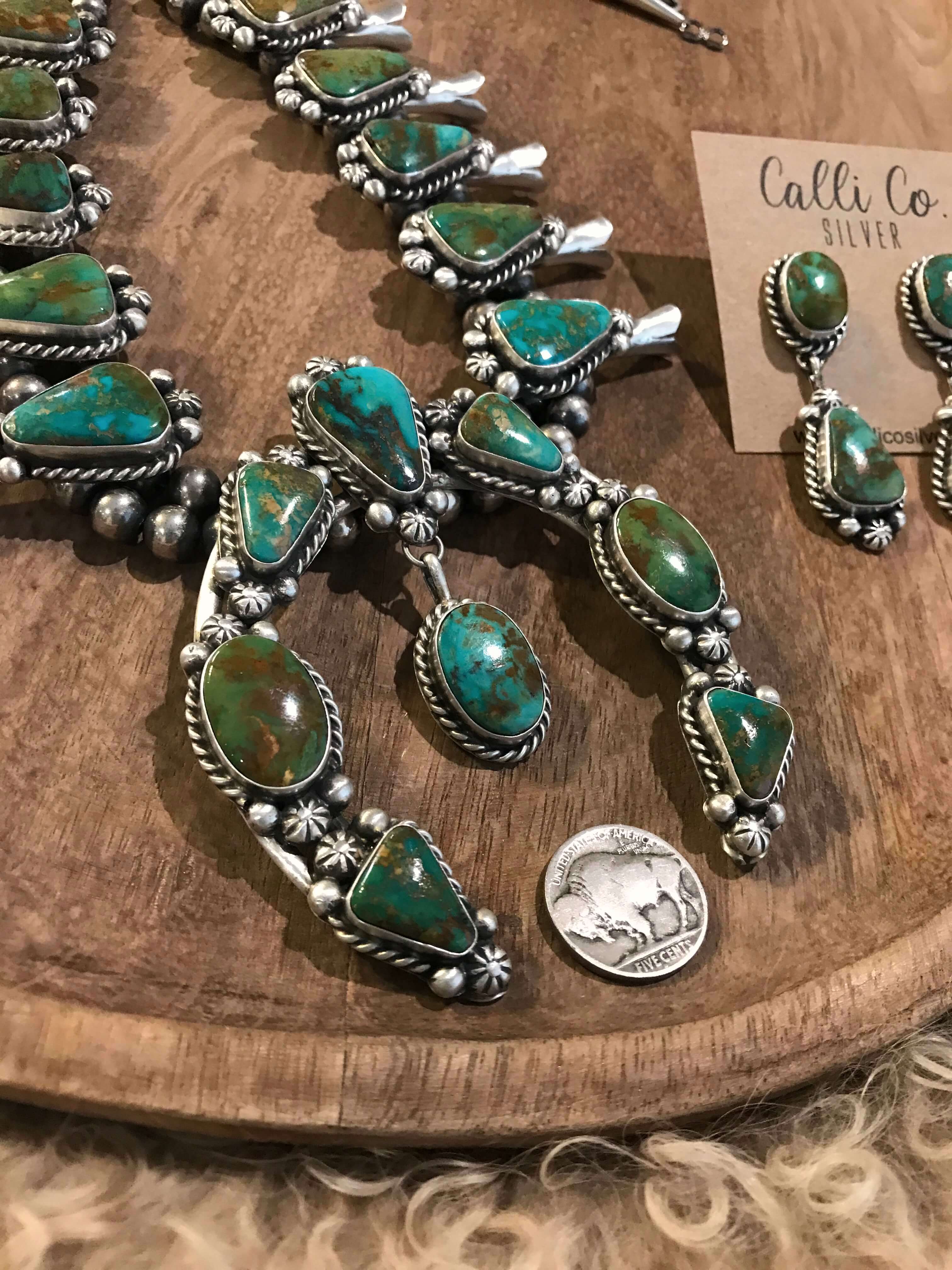 The Western Slope Squash Blossom Necklace Set-Necklaces-Calli Co., Turquoise and Silver Jewelry, Native American Handmade, Zuni Tribe, Navajo Tribe, Brock Texas