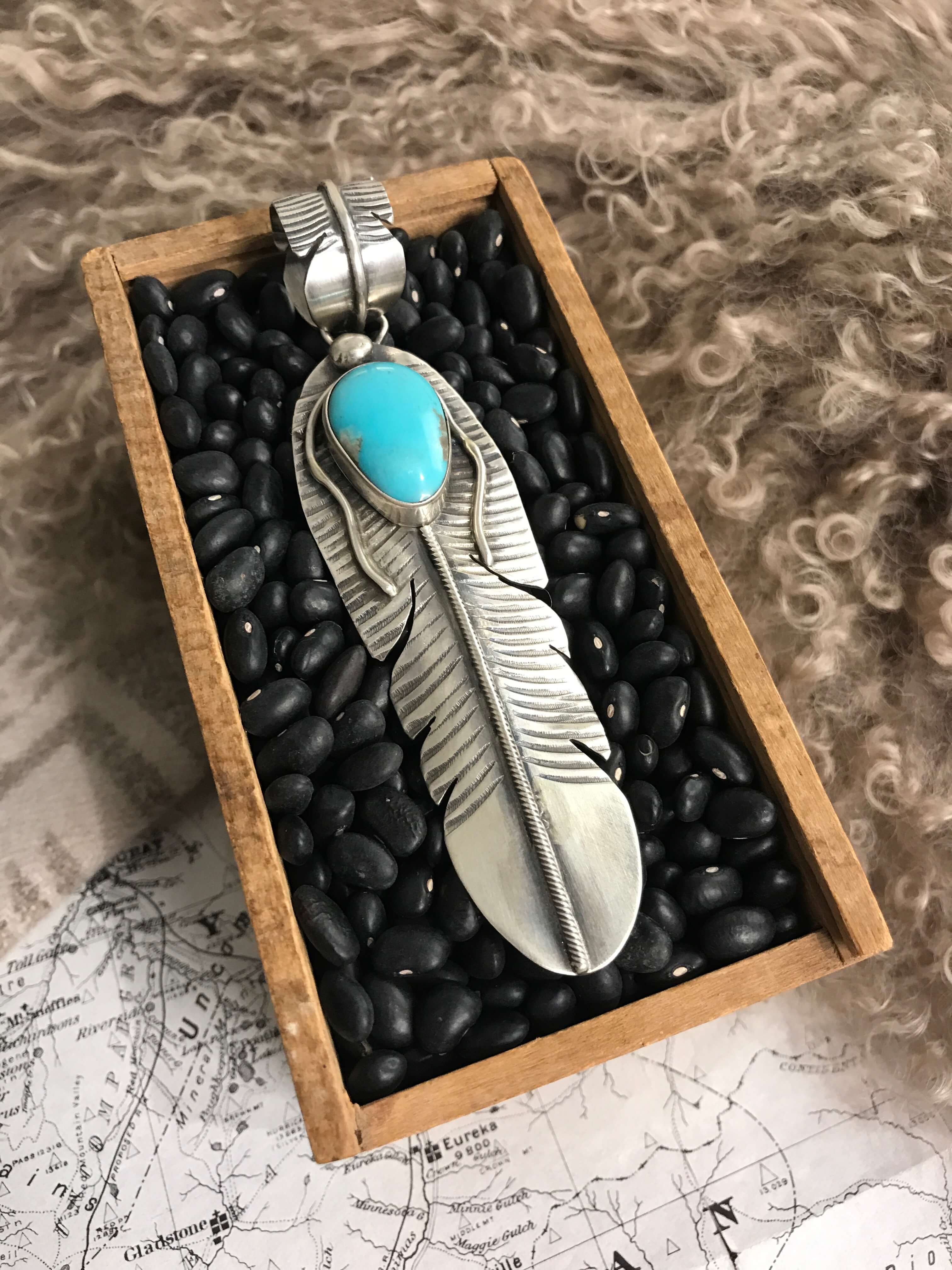 Women's Navajo Handmade Turquoise Feather Pendant | Calli Co
