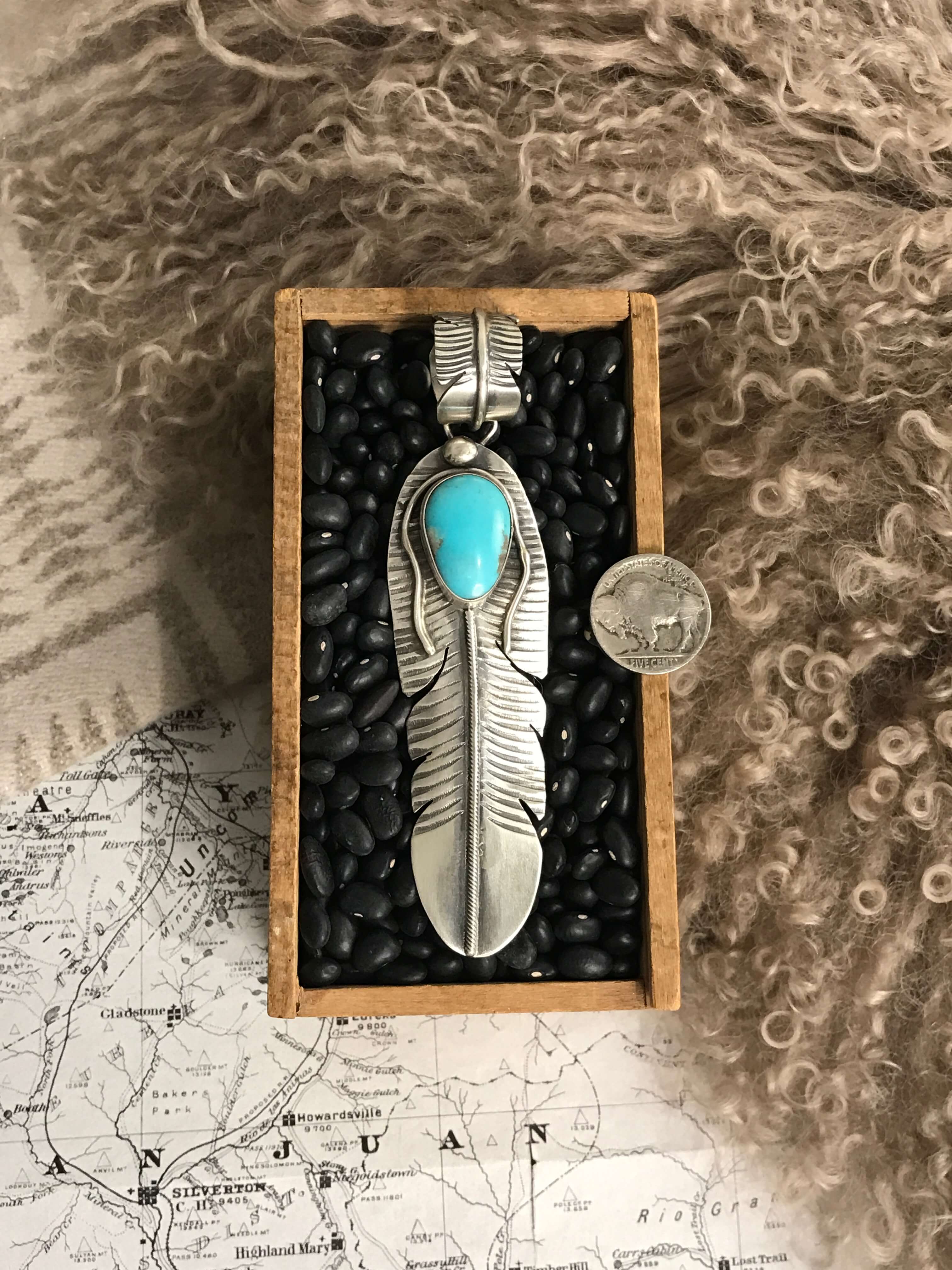 Women's Navajo Handmade Turquoise Feather Pendant | Calli Co