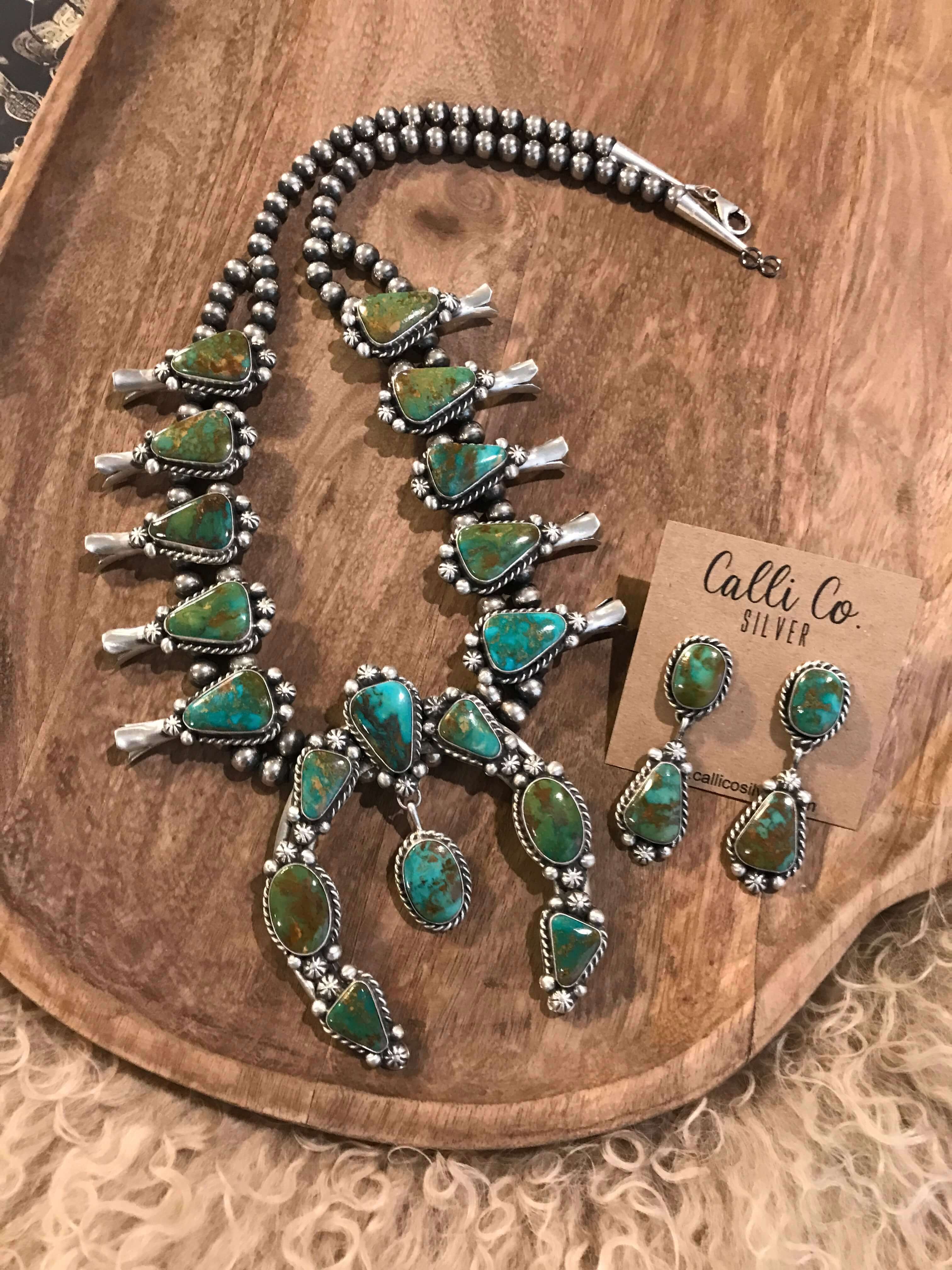 The Western Slope Squash Blossom Necklace Set-Necklaces-Calli Co., Turquoise and Silver Jewelry, Native American Handmade, Zuni Tribe, Navajo Tribe, Brock Texas