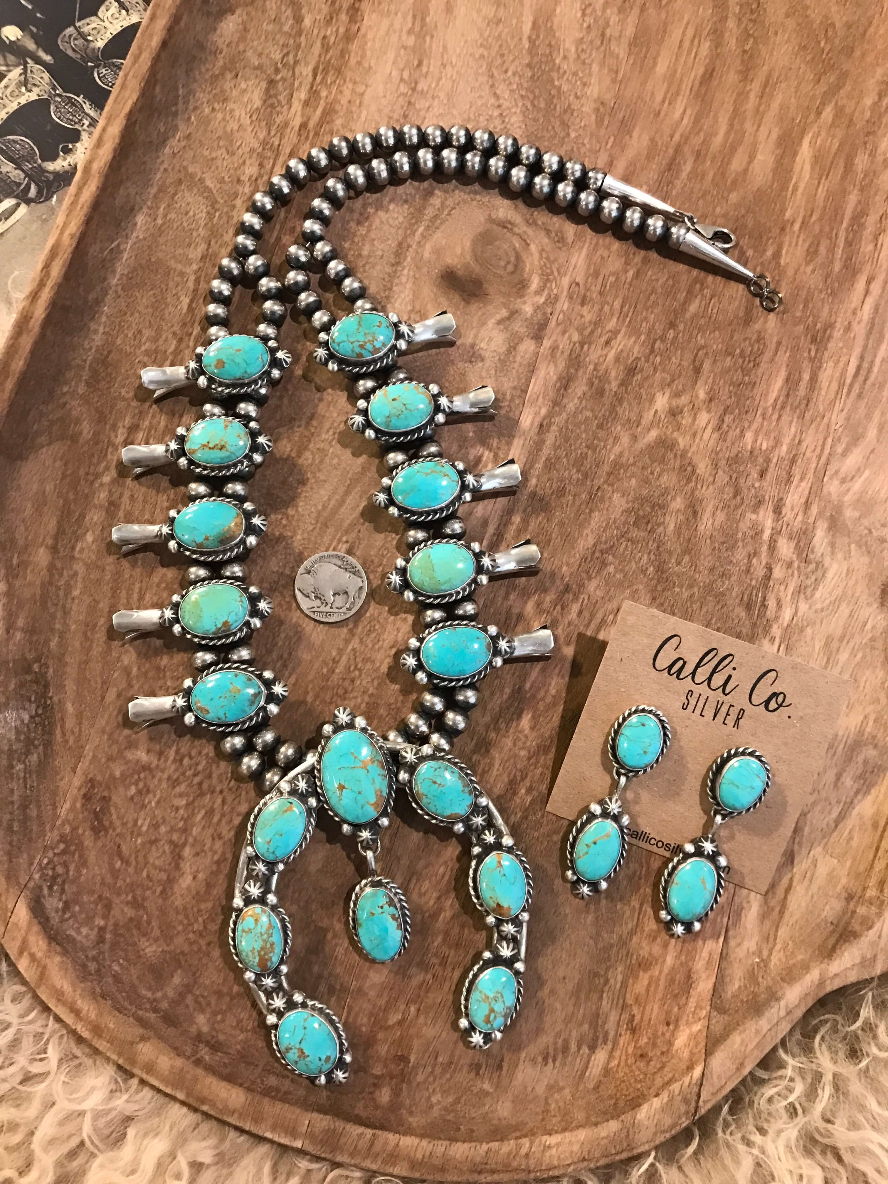 The Rancher Squash Blossom Necklace Set-Necklaces-Calli Co., Turquoise and Silver Jewelry, Native American Handmade, Zuni Tribe, Navajo Tribe, Brock Texas