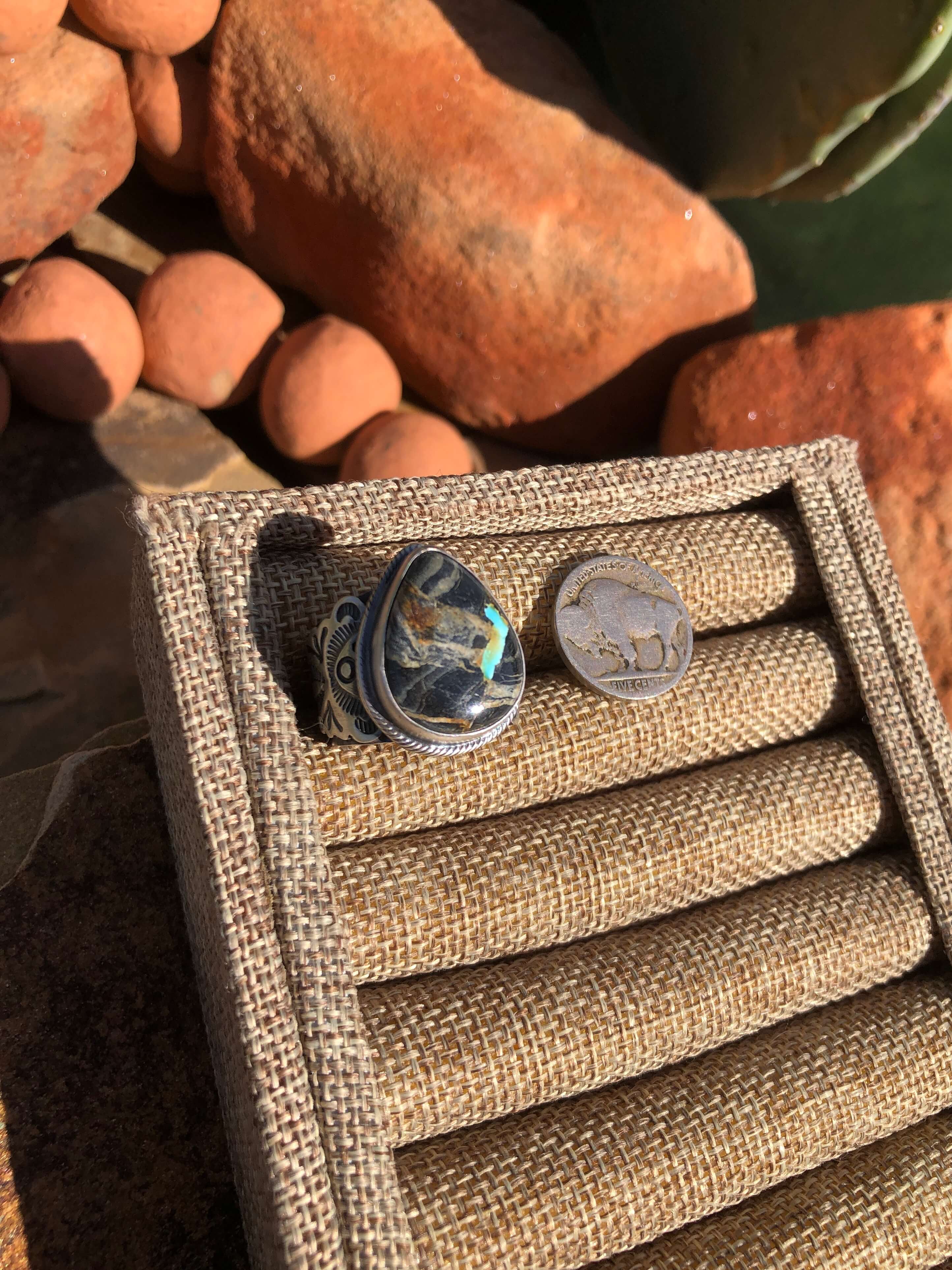 The Tango Ring, Sz 9.5-Rings-Calli Co., Turquoise and Silver Jewelry, Native American Handmade, Zuni Tribe, Navajo Tribe, Brock Texas