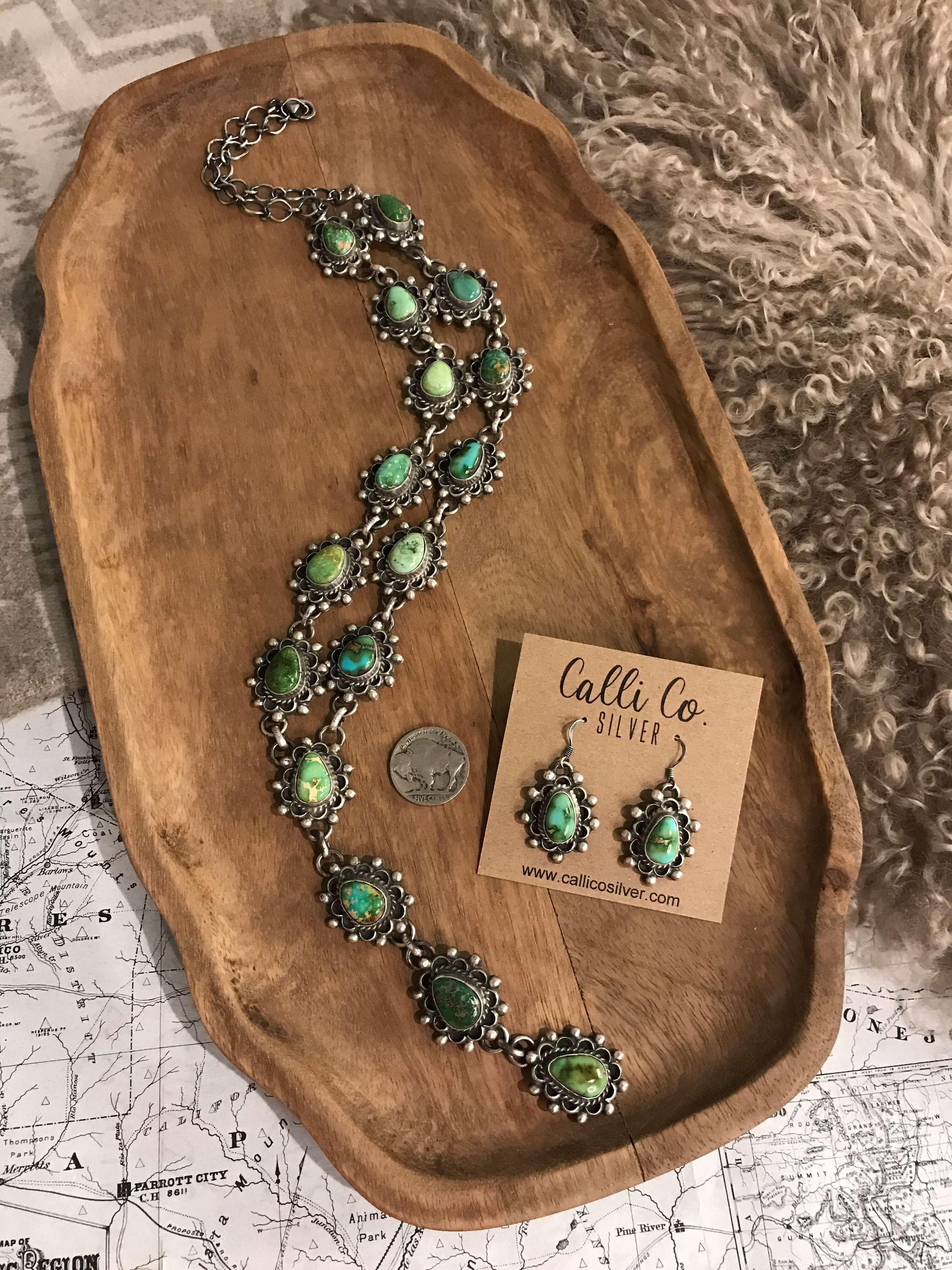 The El Paso Turquoise Lariat Necklace Set-Necklaces-Calli Co., Turquoise and Silver Jewelry, Native American Handmade, Zuni Tribe, Navajo Tribe, Brock Texas