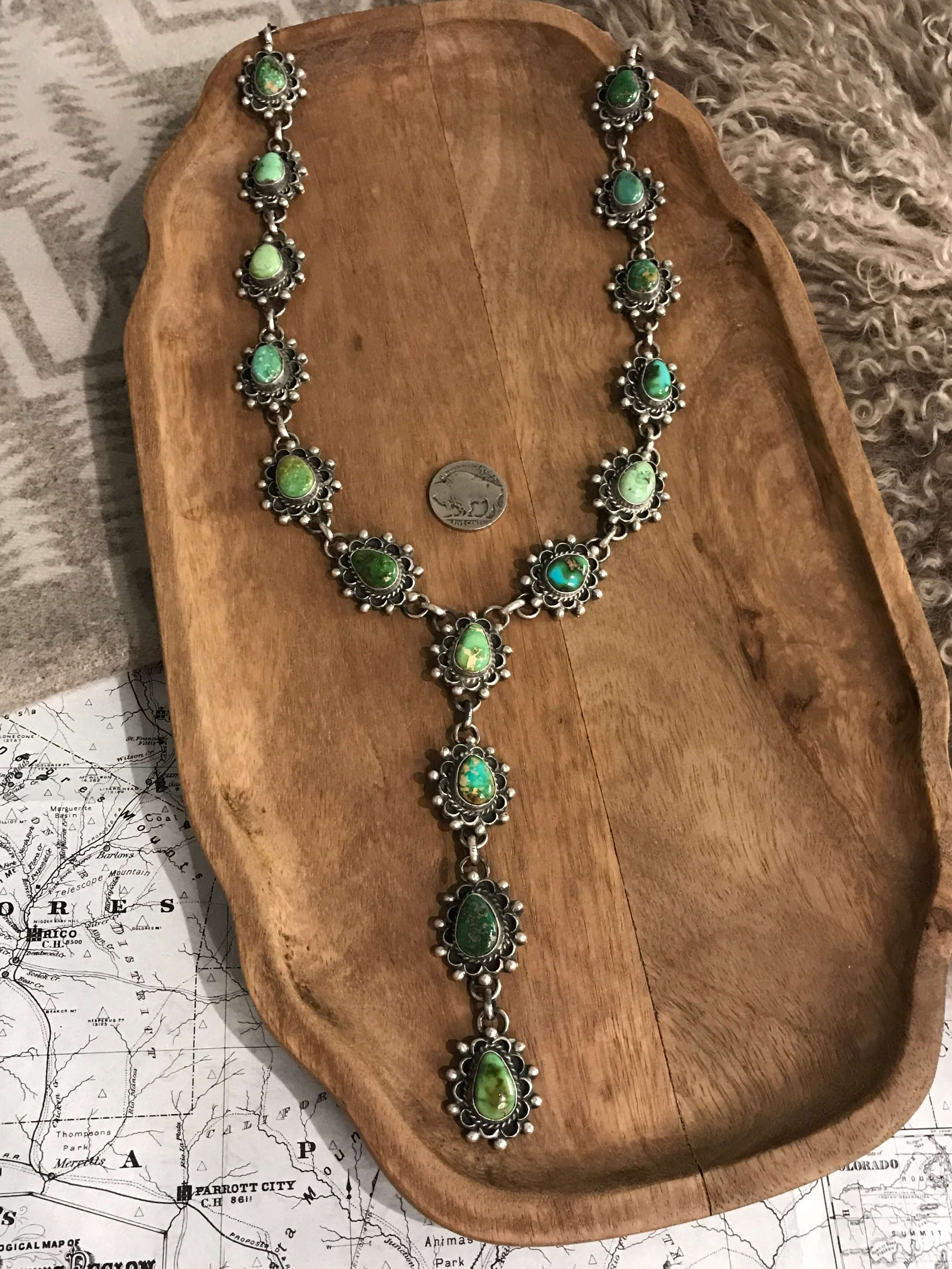 The El Paso Turquoise Lariat Necklace Set-Necklaces-Calli Co., Turquoise and Silver Jewelry, Native American Handmade, Zuni Tribe, Navajo Tribe, Brock Texas